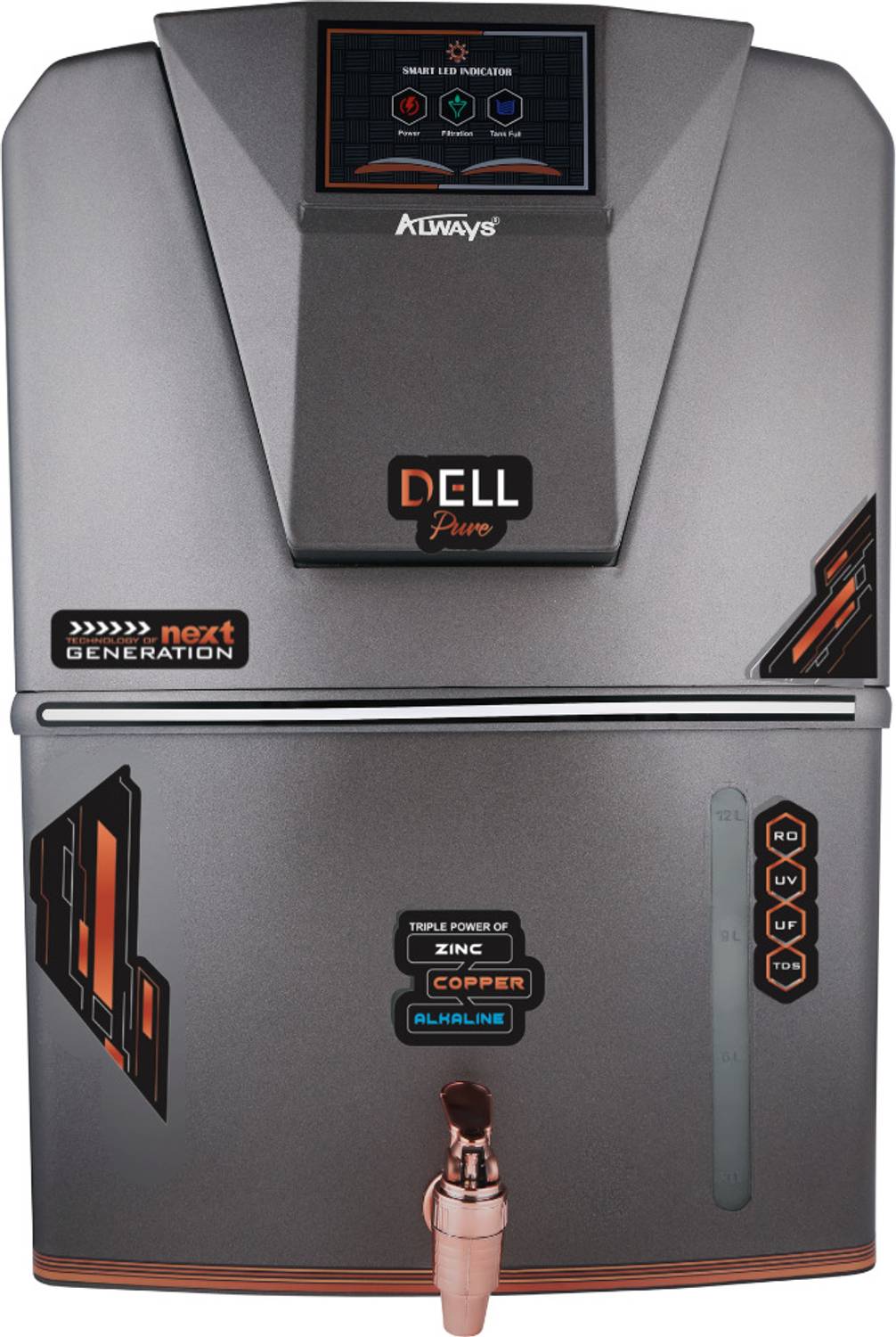 Always Dellpure Metallic Zinc Copper Alkaline RO with LED INDICATOR 12 L RO + UV + UF + TDS Control Water Purifier