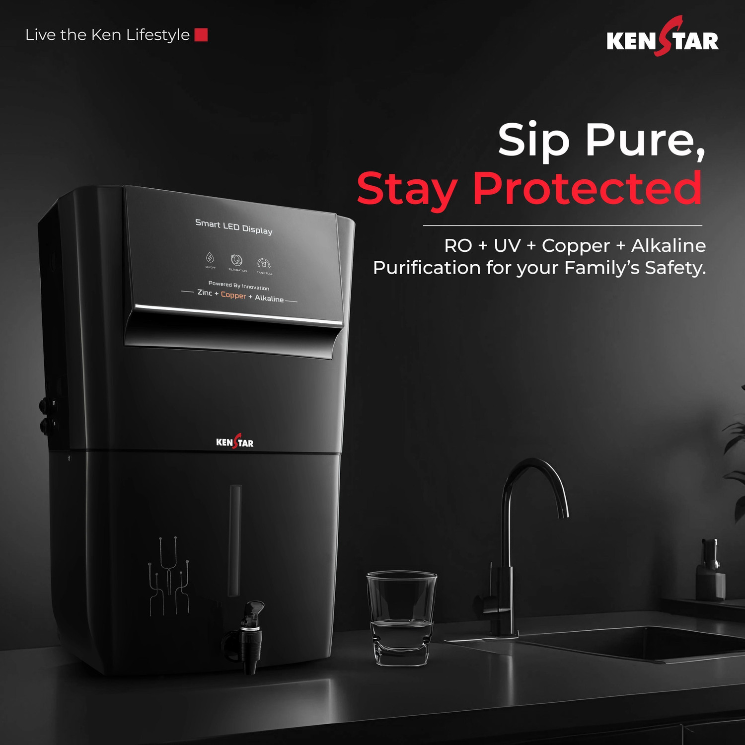 Image of Kenstar Black Pureza. 8 L RO + UV + UF + Copper + Alkaline + Minerals Water Purifier Needs no service for 2 years