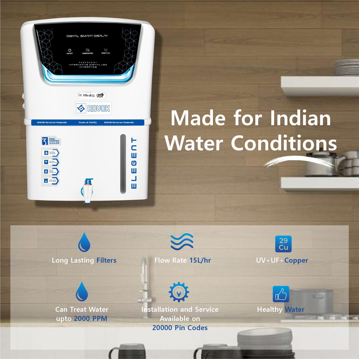 Image of Havok Elegant Digital Water Purifier Black & Blue 15 L RO + UV + Copper + Minerals Water Purifier