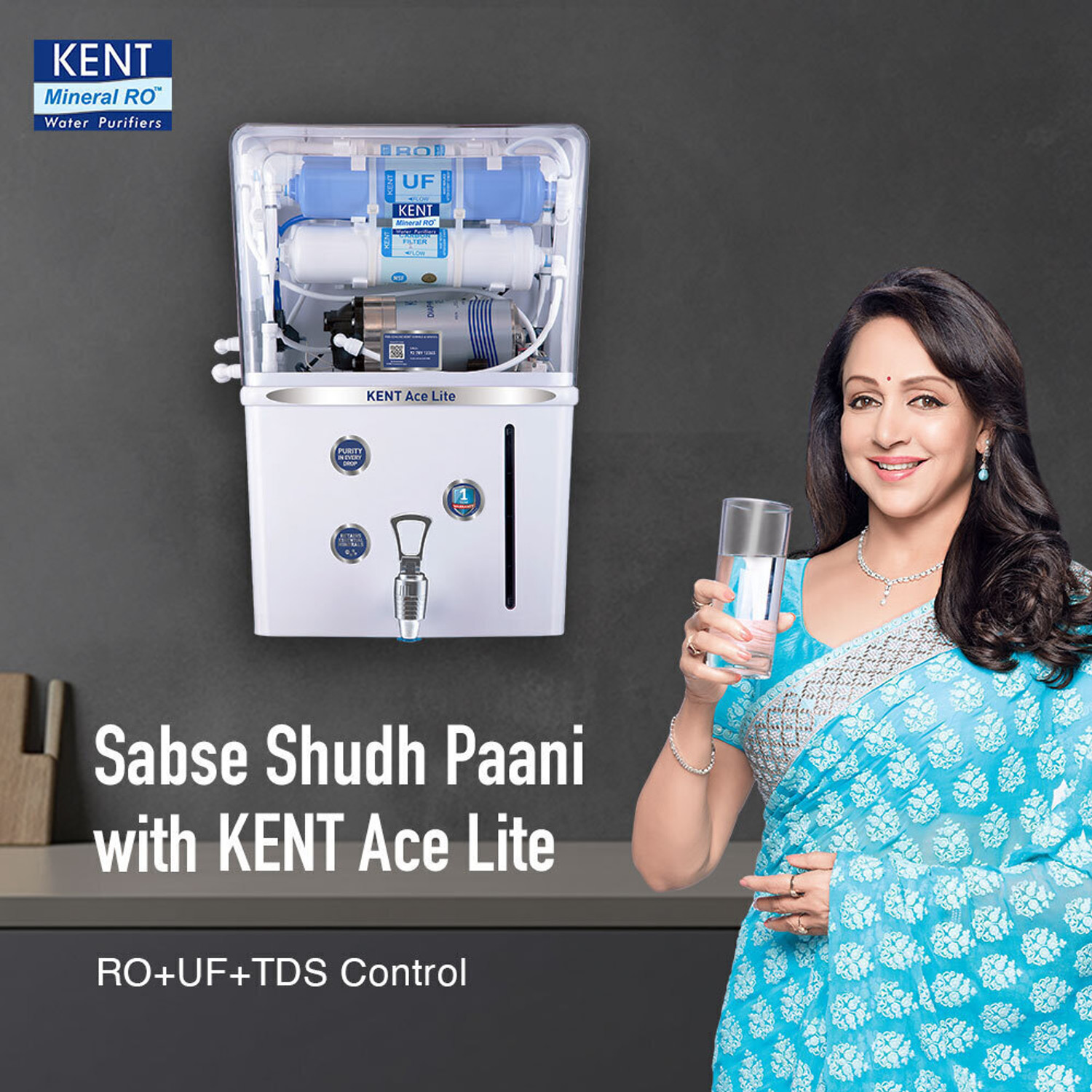 Image of KENT Ace Lite 8 L RO + UF Water Purifier Suitable for all - Borewell, Tanker, Municipality Water