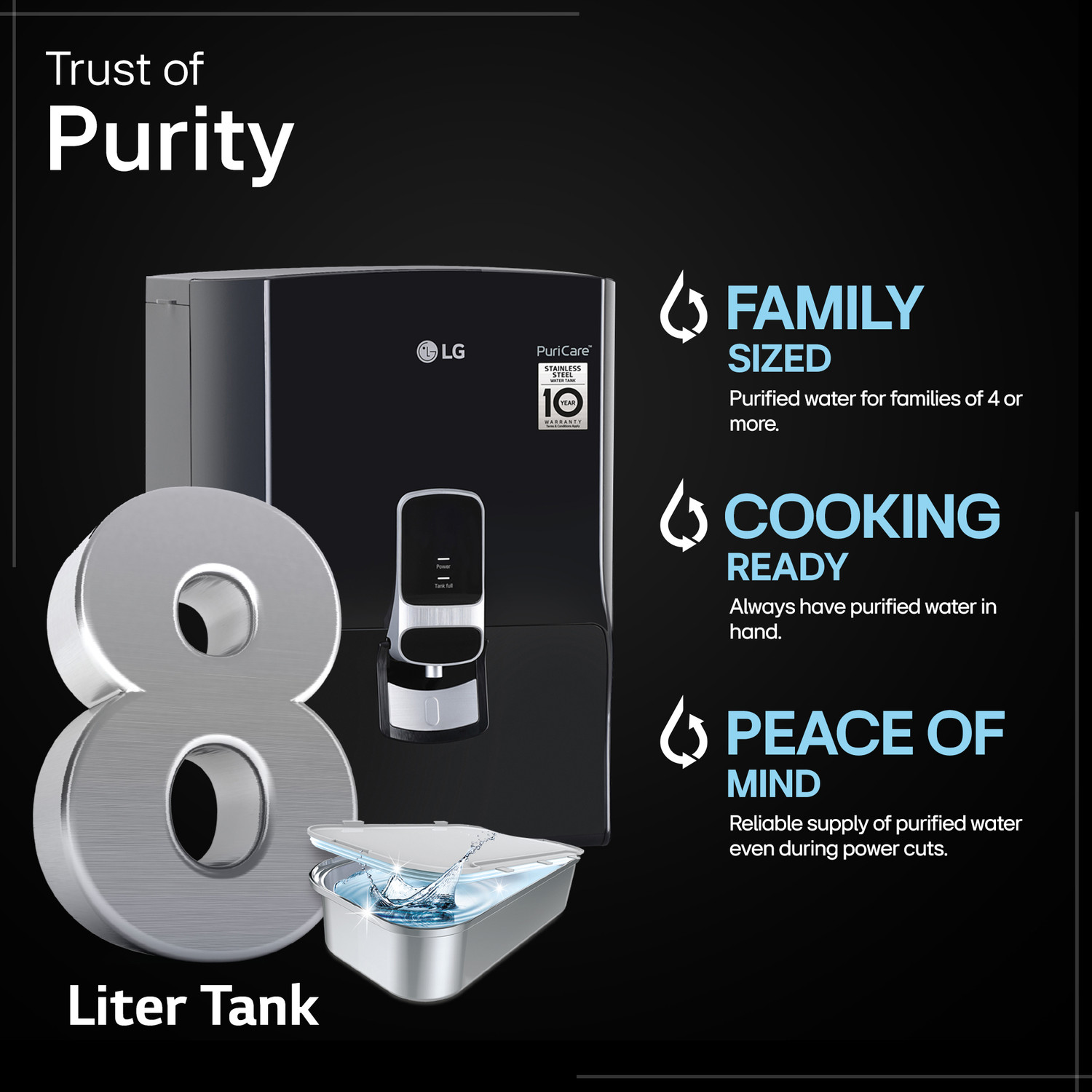 Image of LG WW141NF 8 L RO + Minerals Water Purifier Alkaline Balanced Water, Dual Protection Airtight stainless Steel Tank, Digital Sterilizing care, Wall Mount Installation, Multi Stage Filtration Process, Suitable for all - Bore well, Tanker, Municipality Water