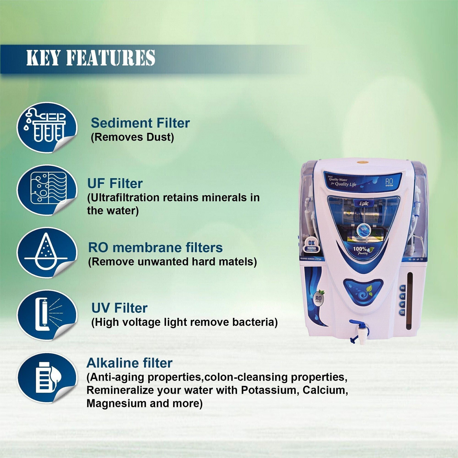 Image of AQUA Fresh Epic Alkaline Water Purifier | Multiple Purification Process | 12 L RO + UV + UF + Alkaline + TDS Control Water Purifier