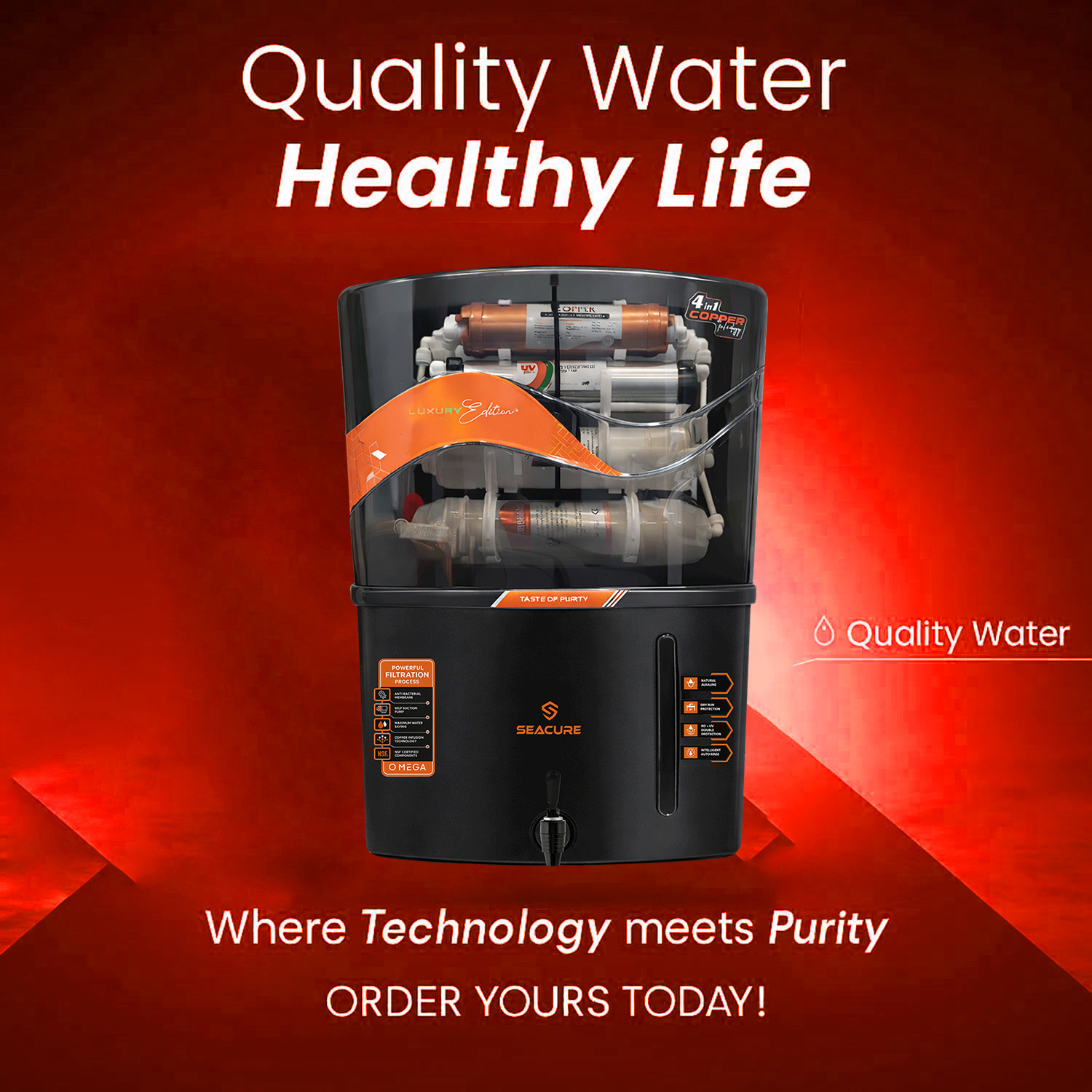 Image of Seacure 4-in-1 Copper + UF Water Purifier with 7 Stage Purification 12 L UV + UF + Copper Water Purifier
