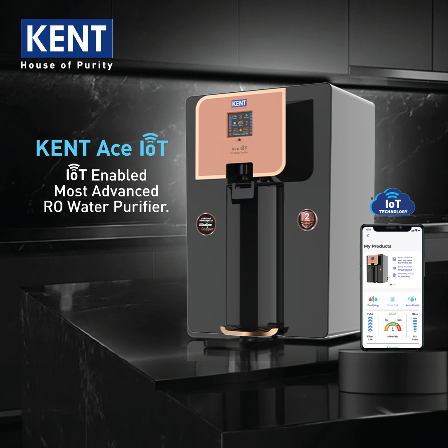 Image of KENT ACE Iot Zero Service Cost For 2 Years 8 L RO + UV + UF + Copper + Alkaline + TDS Control Water Purifier IoT Enabled 8L 20LP /Hr Ideal For Borewell /Tanker /Municipal Water