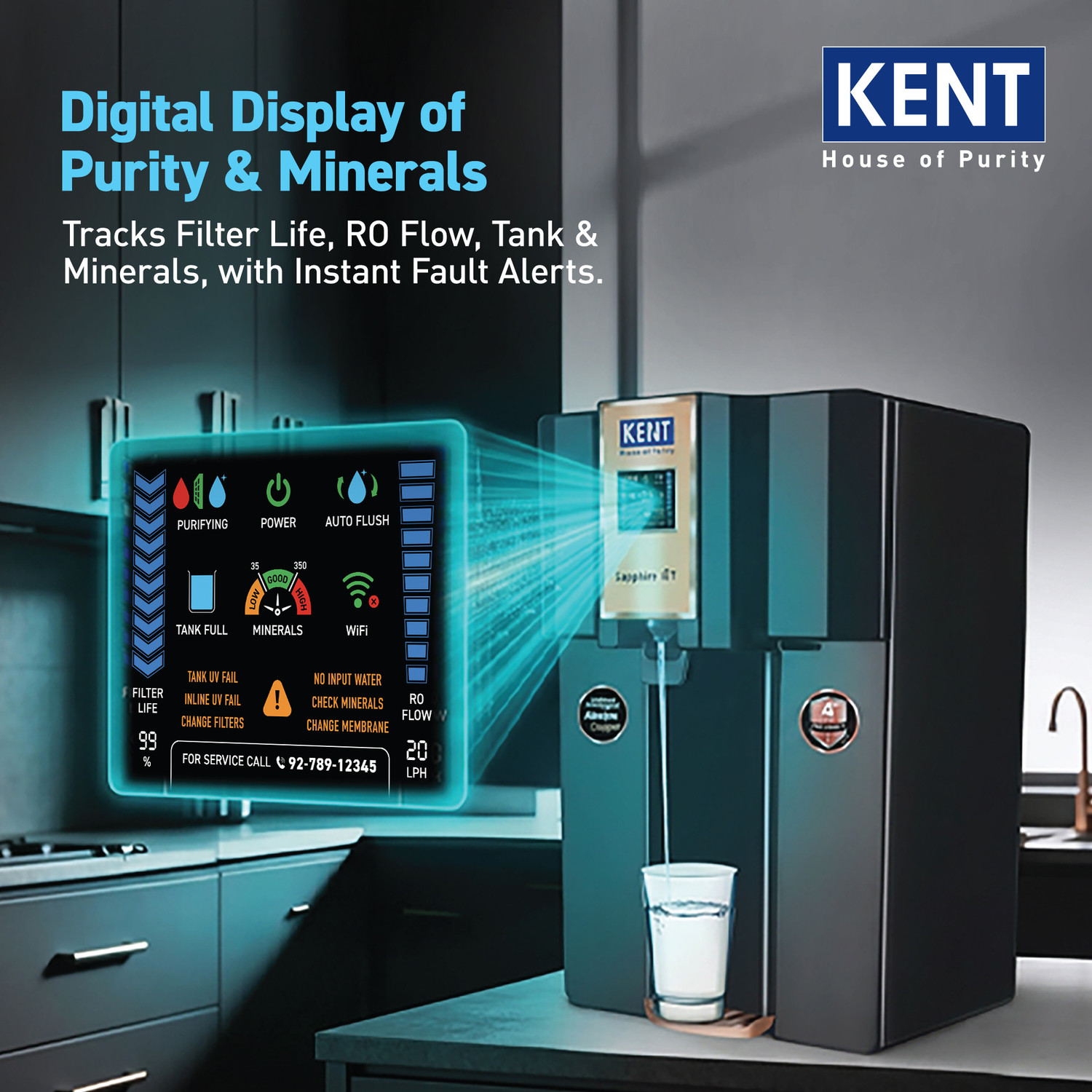 Image of KENT Sapphire IoT 8 L RO + In-Tank UV + UF + Copper + Alkaline + Minerals + TDS Control Water Purifier