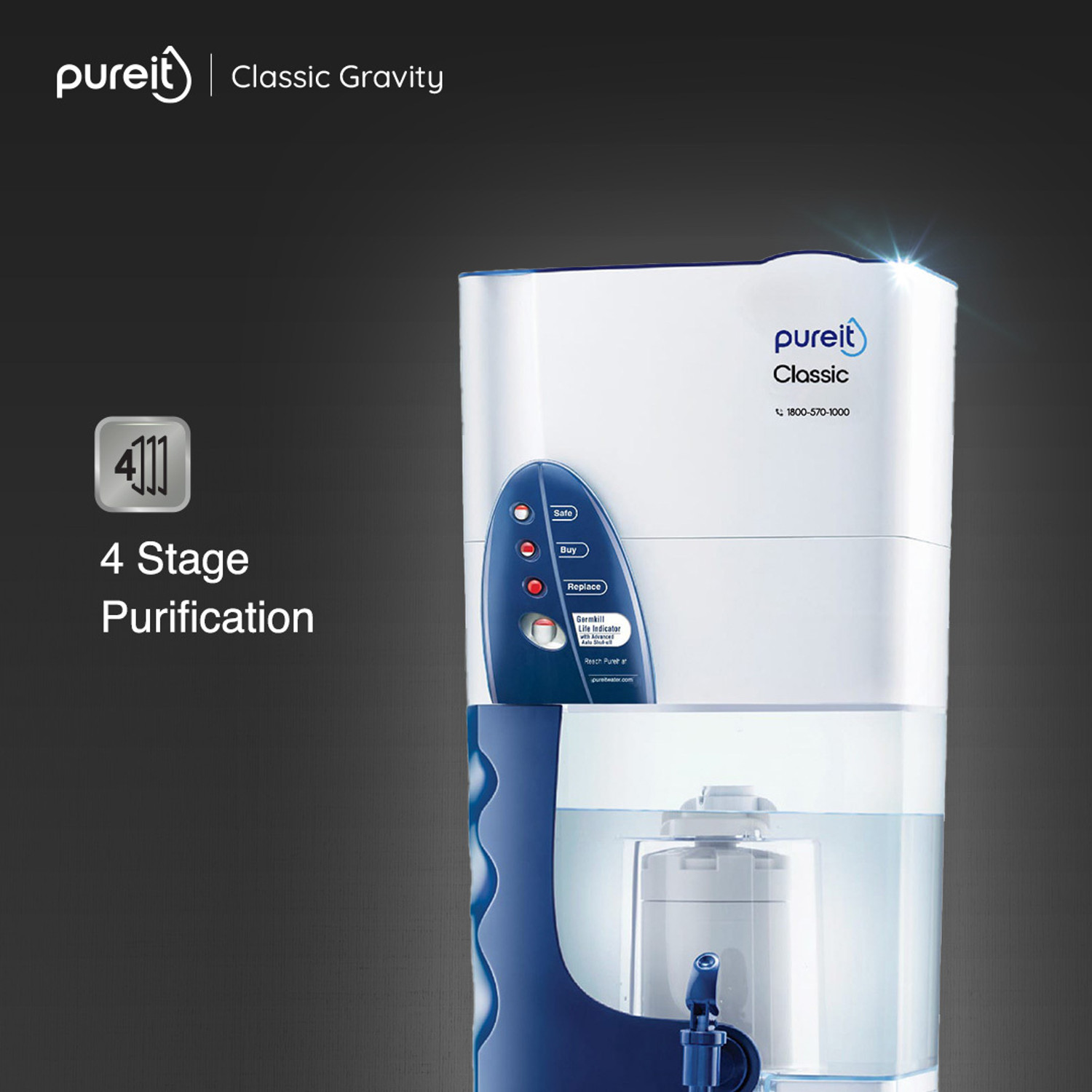 Image of Pureit Classic 23 L Gravity Based Water Purifier | Activated Carbon Filtration | No Electricity Required | Multi-Stage Purification: Uses programmed Germ Kill technology