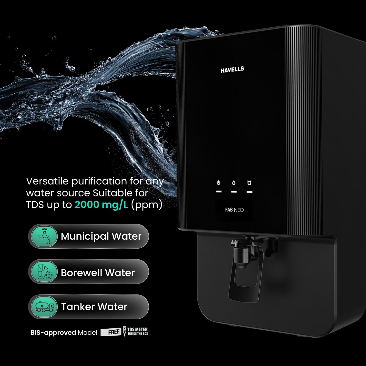 Image of HAVELLS Fab Neo 7 L RO + UF Water Purifier Vital Magnesium Enriched, 7-stages, Ideal for Borewell, Tanker & Municipal Water, Significant water savings, BIS Approved