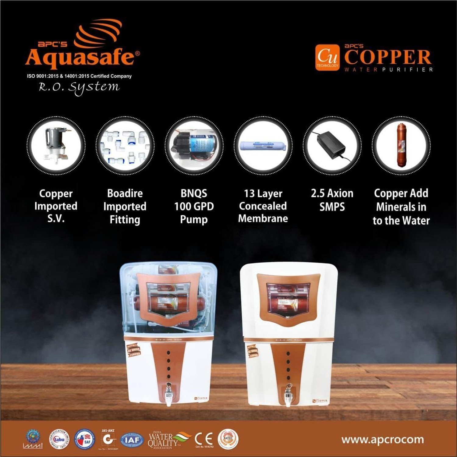 Image of apc's Aquasafe Copper RO+UV Water Purifier Patented Mineral RO Technology 20Lph 15 L RO + In-Tank UV + UF + TDS Control Water Purifier