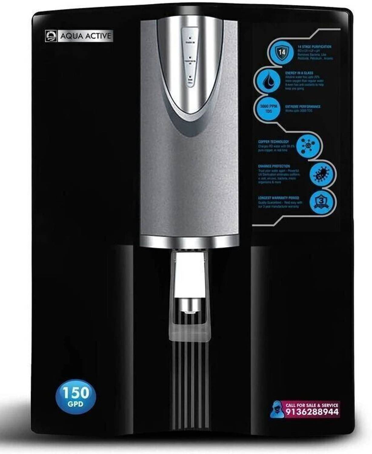 AquaActive MistyROUVPFCUBlack150 GPD 10 L RO + UV Water Purifier