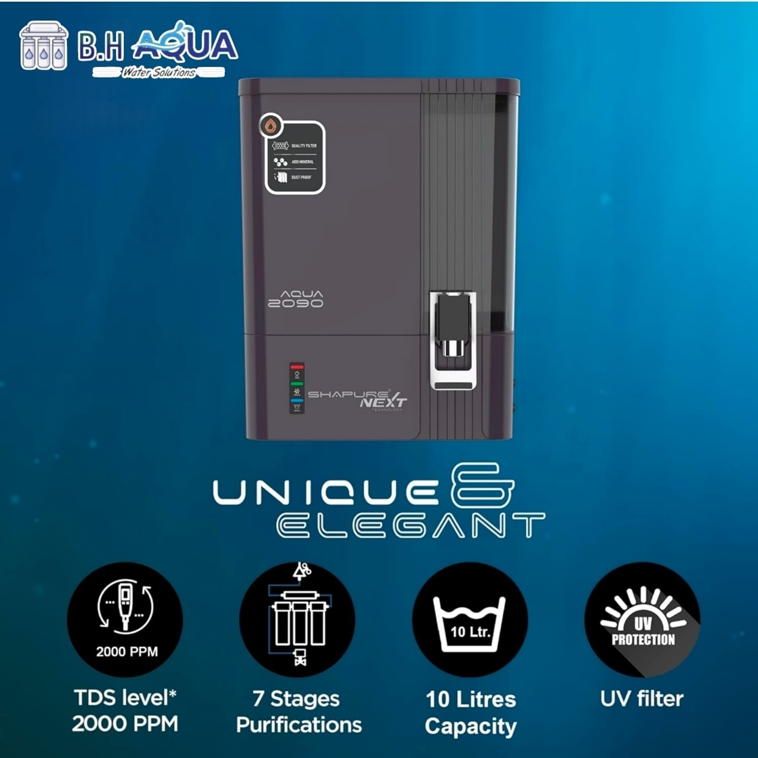 Image of b.h aqua water solutions B.H Aqua 2090 RO Water Purifier | Deep Purple | 7 Stages Nxt Gen Technology 10L 10 L RO + UV + UF + Copper + Alkaline + Minerals Water Purifier