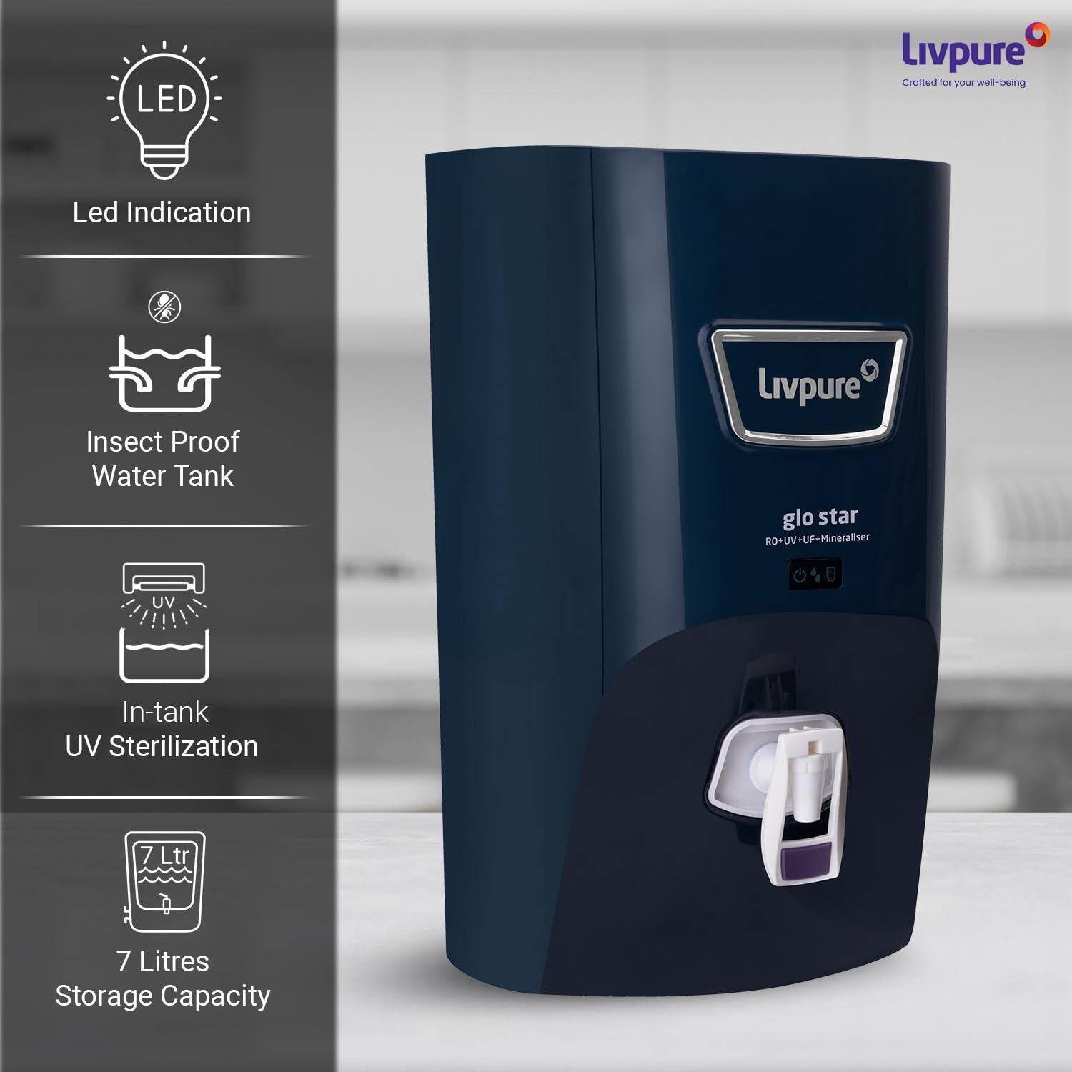 Image of LIVPURE LIV-GLO-STAR-BLUE 7 L RO + UV + UF + Minerals Water Purifier