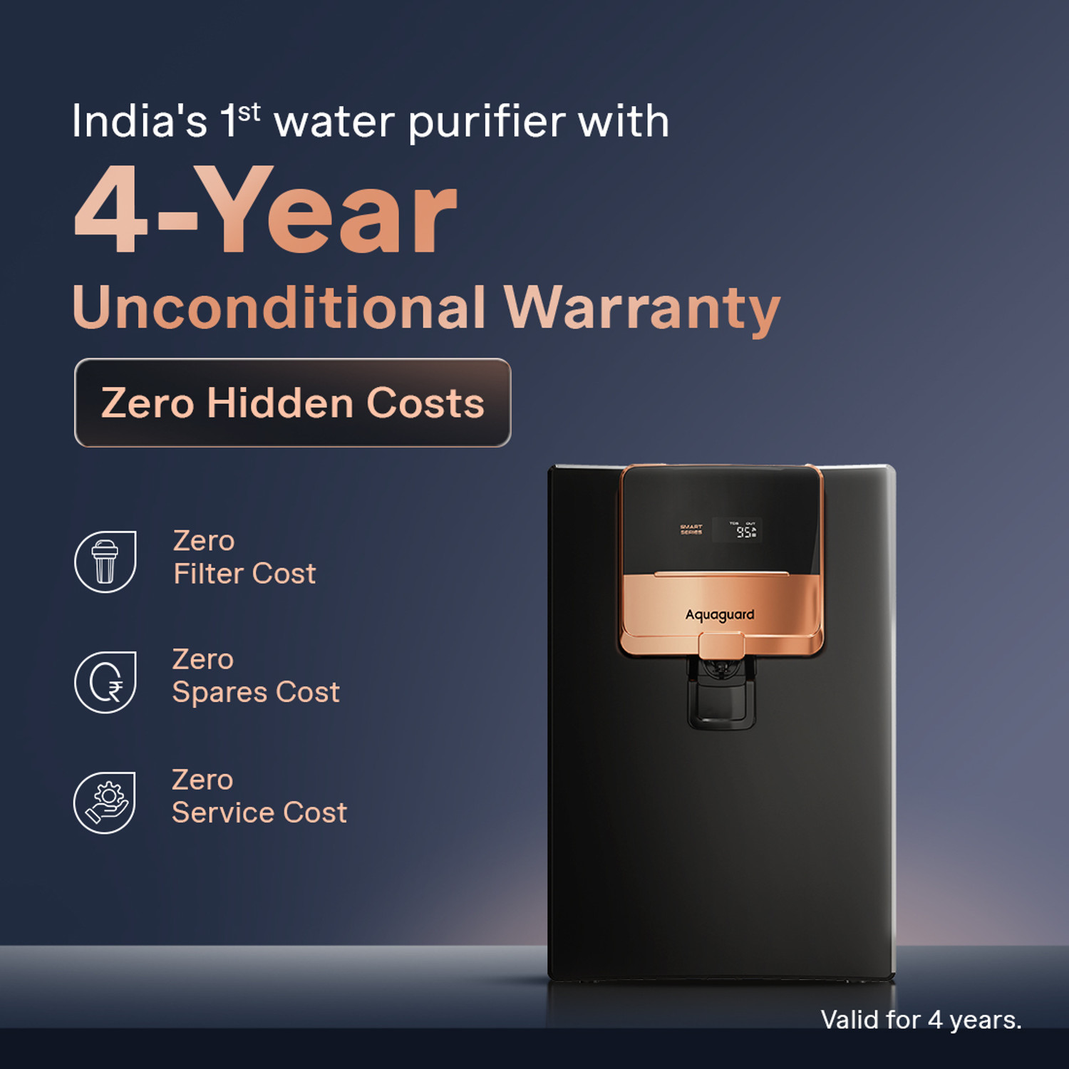 Image of Aquaguard Enrich Ritz Pro ROUVCASS 4X 5 L RO + UV + Alkaline + Copper + SS Water Purifier | Zero Cost Service for 4 Years | Smart Purifier & TDS Display | No AMC Required | Zero Hidden Costs | Zero Filters Costs | Zero Service Costs| Zero Spares Costs|Stainless Steel Tank | 12-Stage Purification