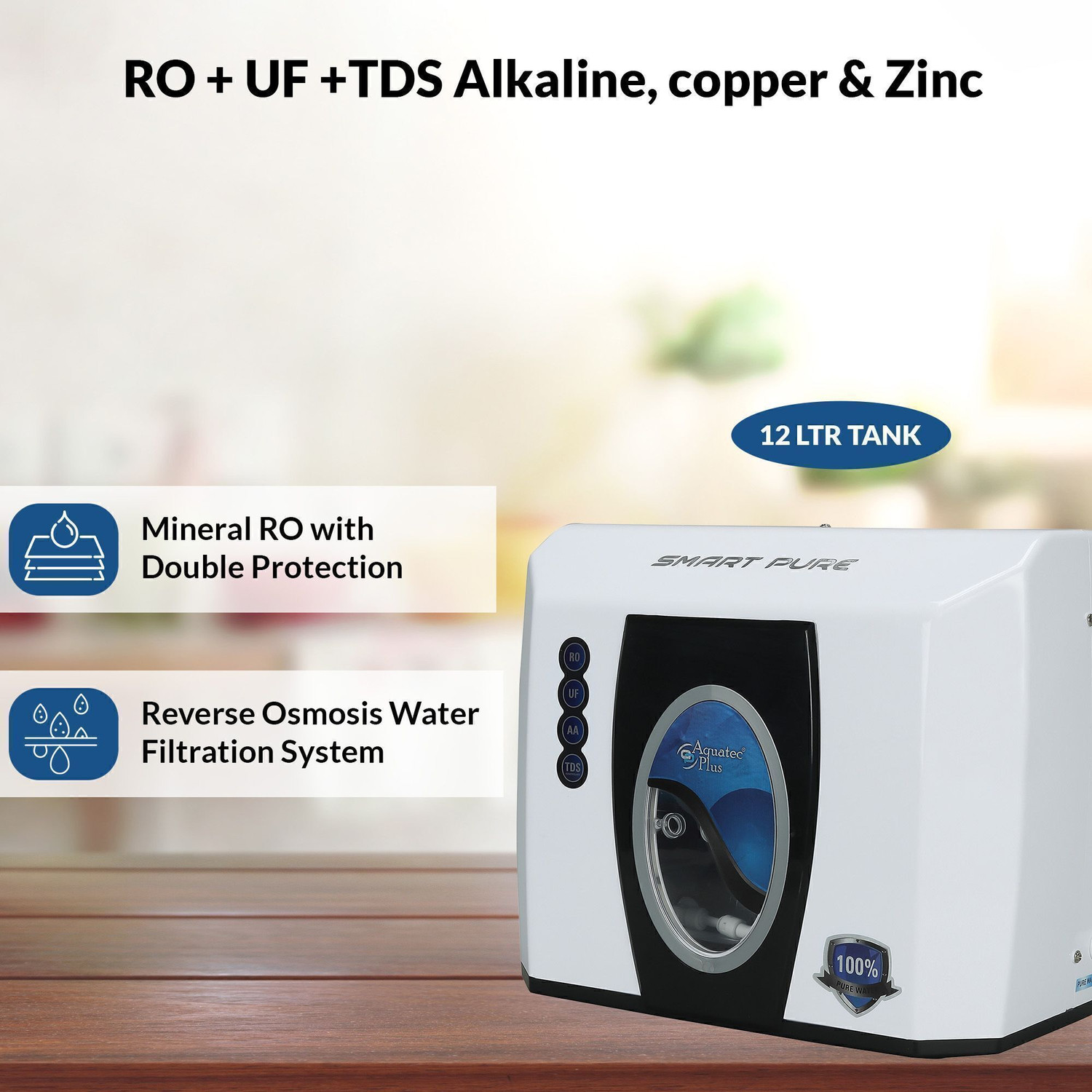 Image of Aquatec Plus Smart Pure - Under Sink Storage Pressure tank RO + UF + TDS + Alkaline & Copper 12 L RO + UF + Copper + Minerals Water Purifier ISI Certified