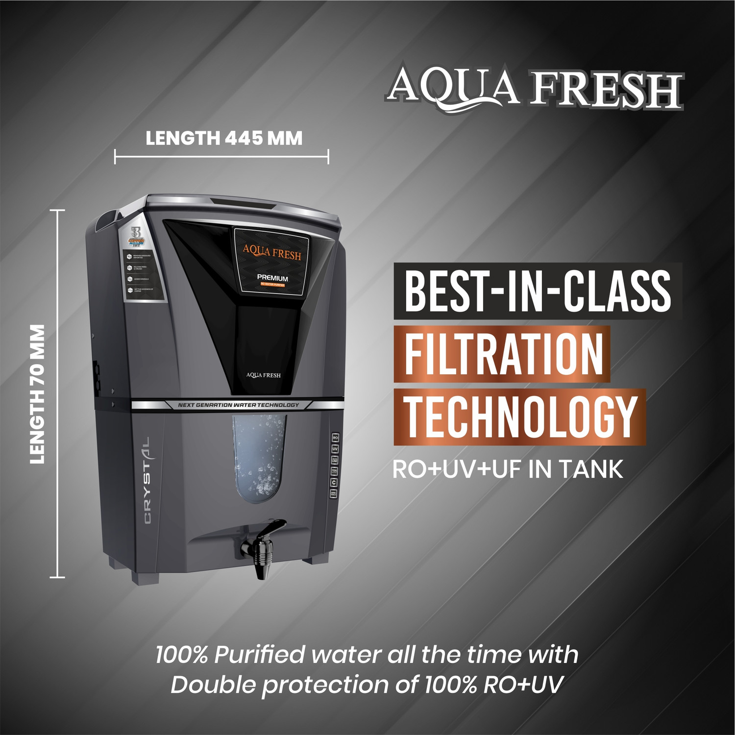 Image of Aqua Fresh CRYSTAL BLK COPPER+RO+UV+UF+MIN+TDS AUTOMATIC ELECTRICAL BOREWELL WATER PURIFIER 12 L RO + UV + UF + Minerals + TDS Control Water Purifier