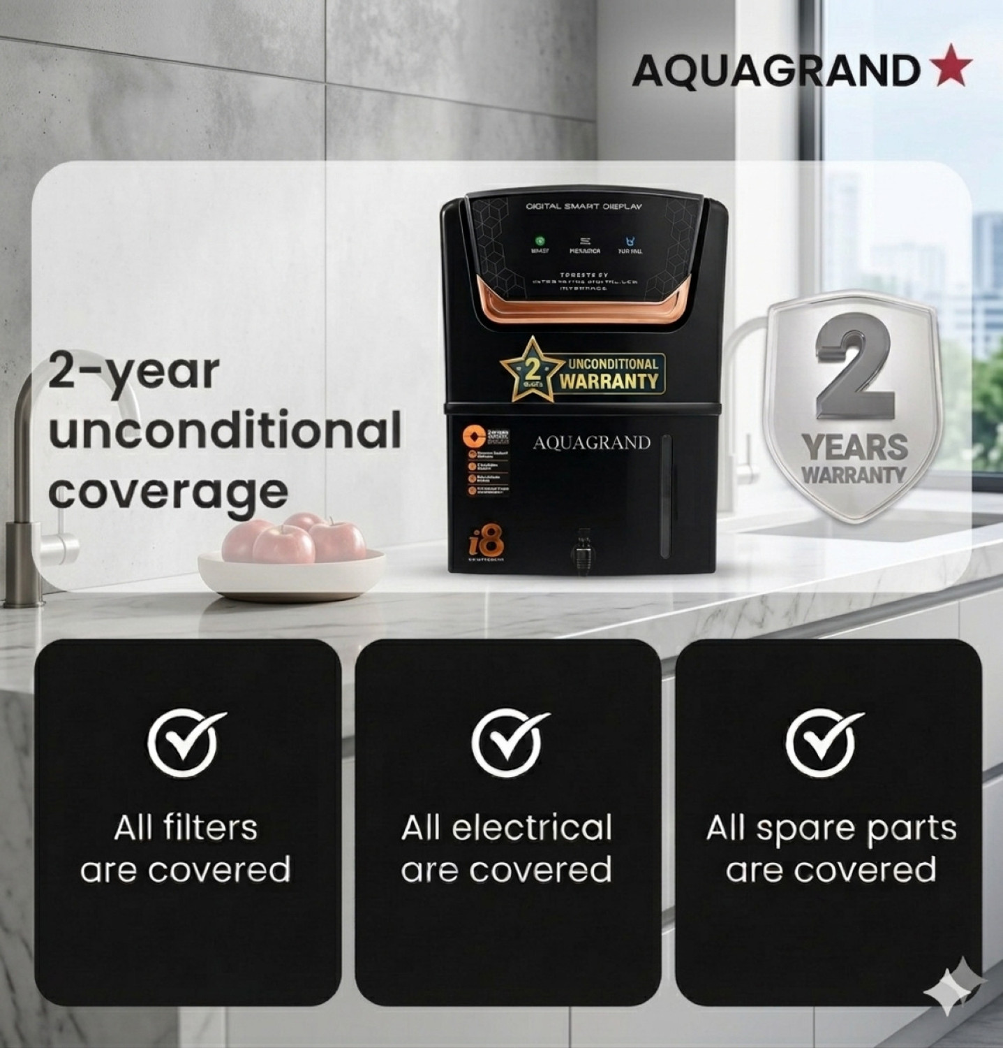 Image of Aquagrand i8 Copper Model with (ISI, BIS Certified) Needs No Service & 2 Years Warranty 12 L RO + UV + UF + Copper + TDS Control Water Purifier