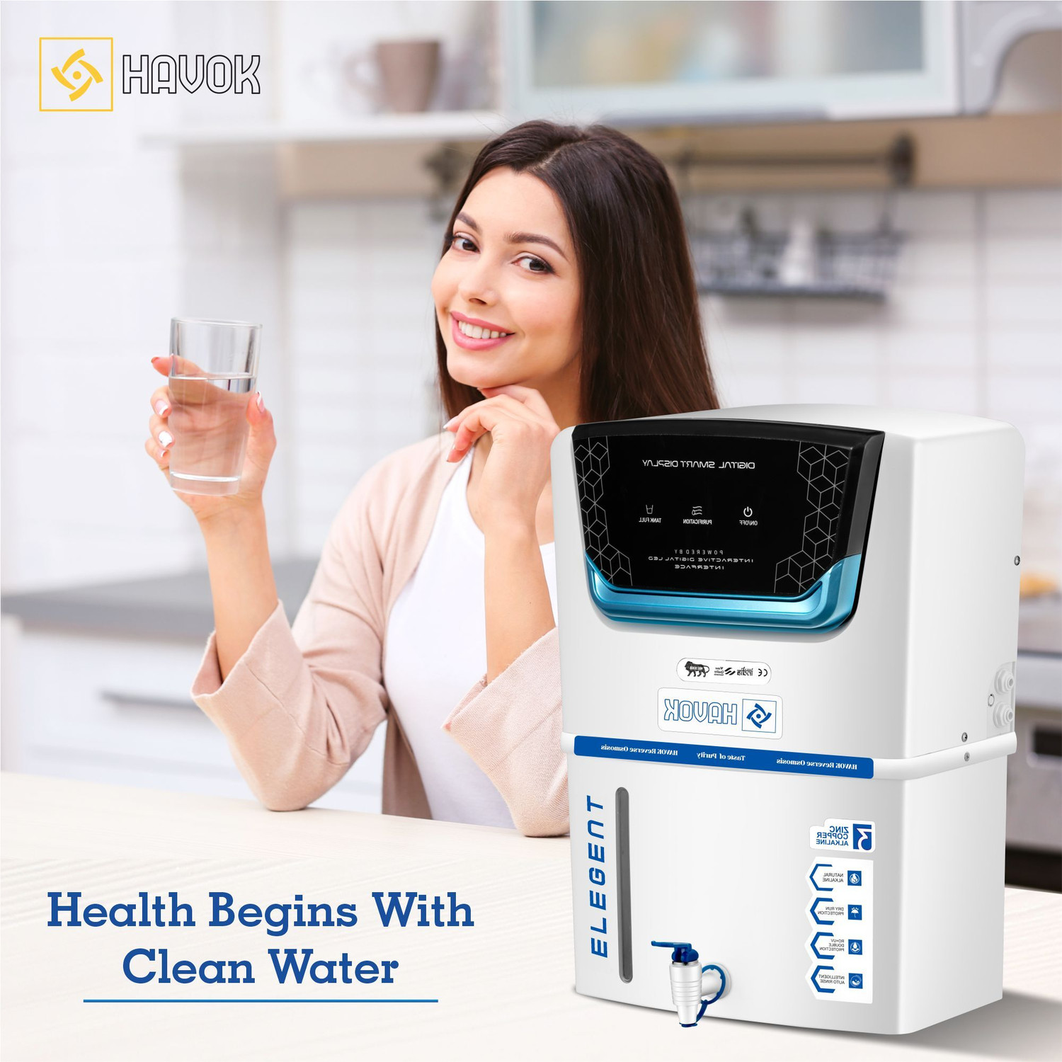 Image of Havok Elegant Digital Water Purifier Black & Blue 15 L RO + UV + Copper + Minerals Water Purifier