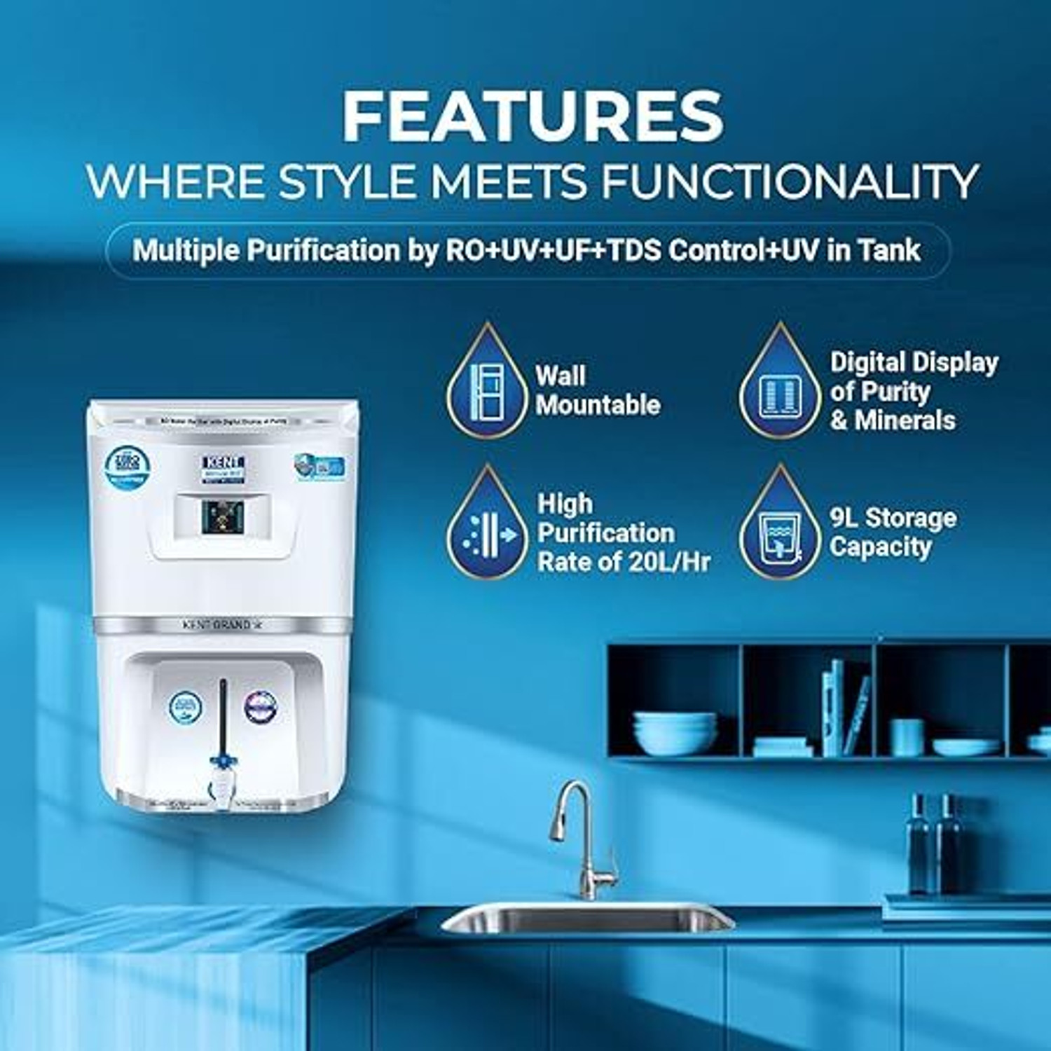Image of KENT GRAND STAR 9 L RO + In-Tank UV + UF + Copper + Alkaline + Minerals + TDS Control Water Purifier