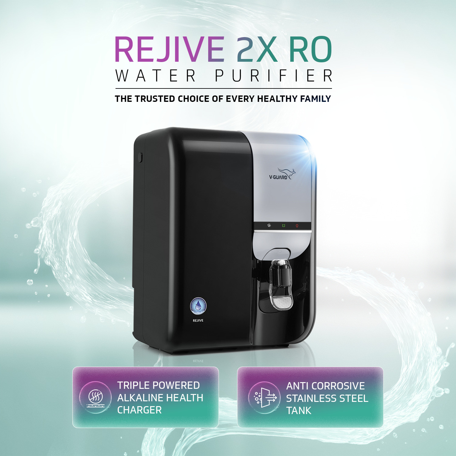 Image of V-Guard Rejive 2X RO UF SS Alkaline & Mineral 3-in-1 Health Charger 5.5 L RO + UF + Alkaline + Minerals Water Purifier | Superior Stainless Steel Tank | 2 Year True Unconditional Warranty, No Service Cost for 2 Years | BIS Approved High 40% Water Recovery | 8 Stages | Retains Minerals