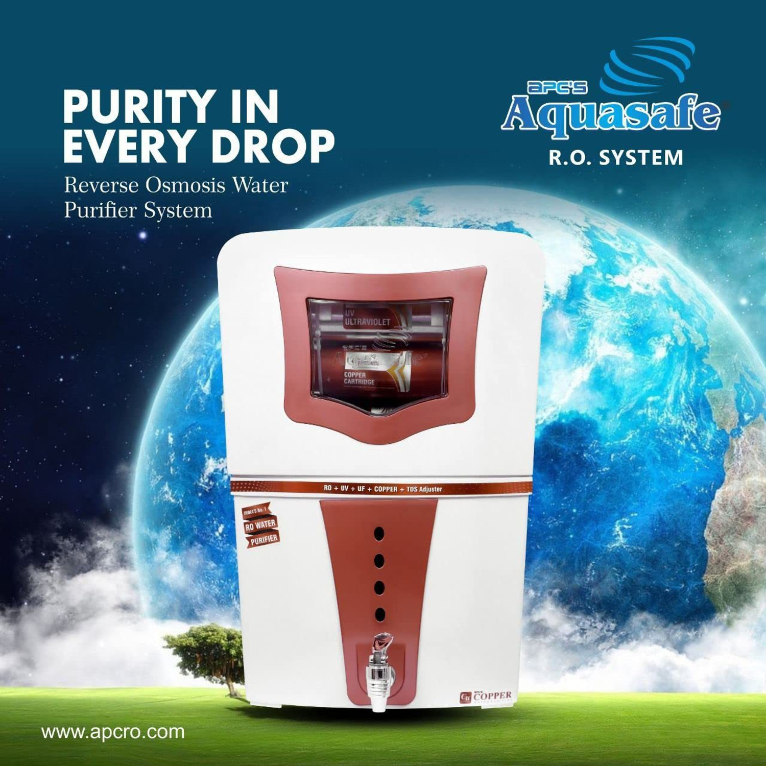 Image of apc's Aquasafe Copper RO+UV Water Purifier Patented Mineral RO Technology 20Lph 15 L RO + In-Tank UV + UF + TDS Control Water Purifier