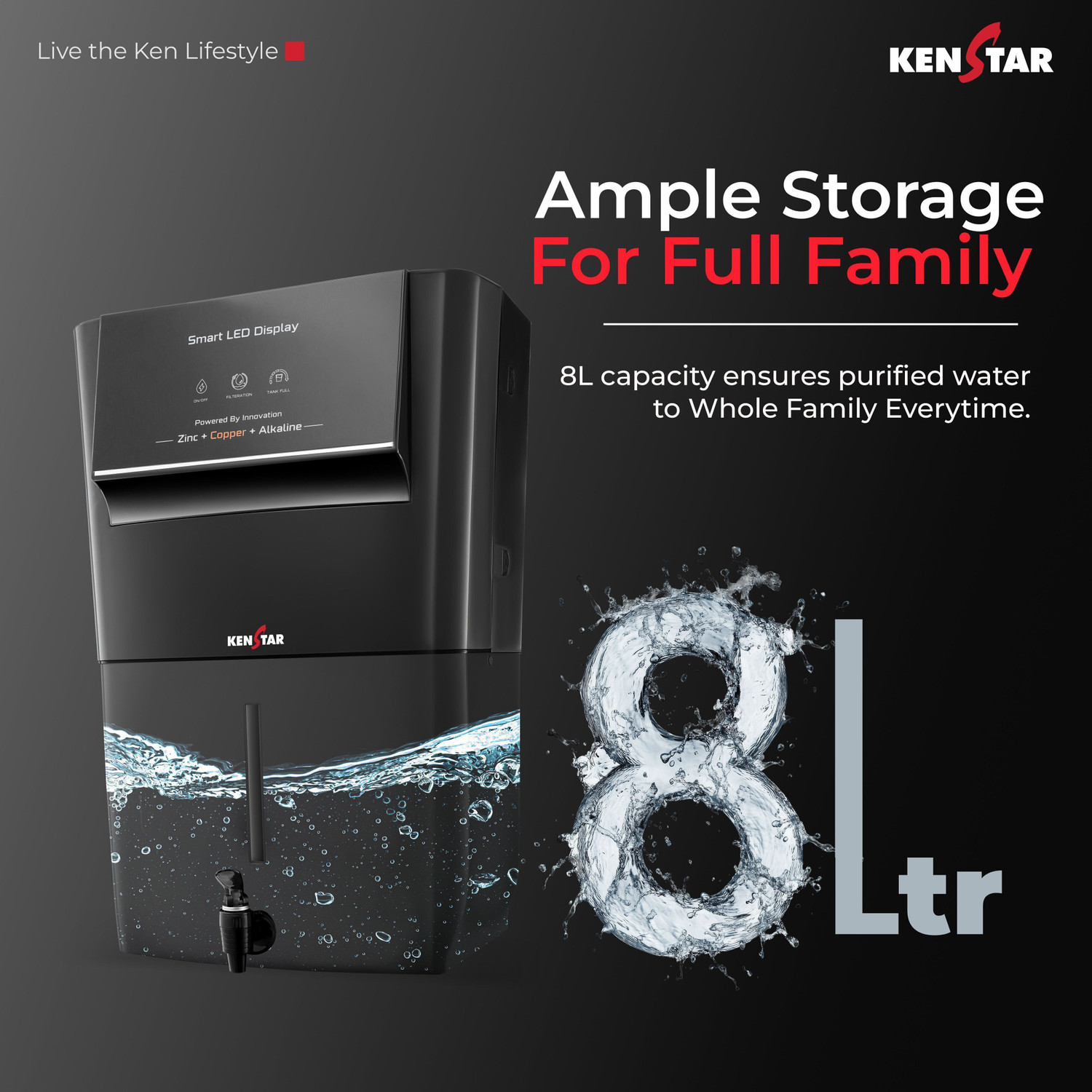 Image of Kenstar Black Pureza. 8 L RO + UV + UF + Copper + Alkaline + Minerals Water Purifier Needs no service for 2 years