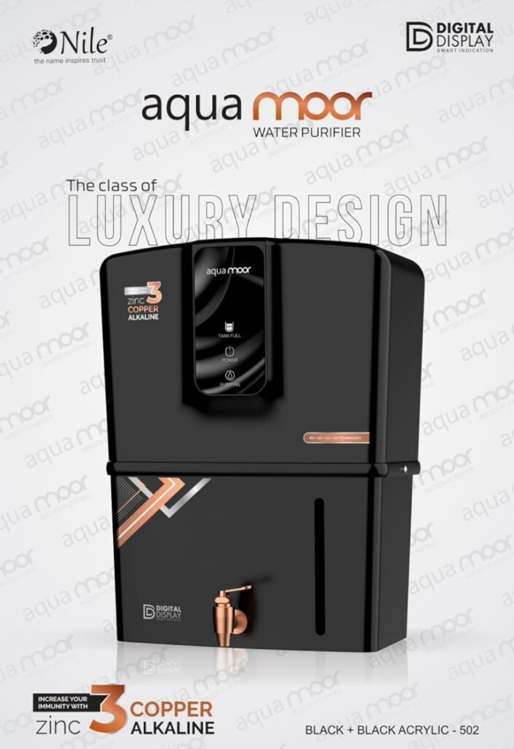 Image of b.h aqua water solutions B.H Aqua Moor RO Water Purifier | Black+Copper-502 | 3 In 1 Technology | 12 L RO + UV + UF + Copper + Alkaline + Copper + Zinc Water Purifier