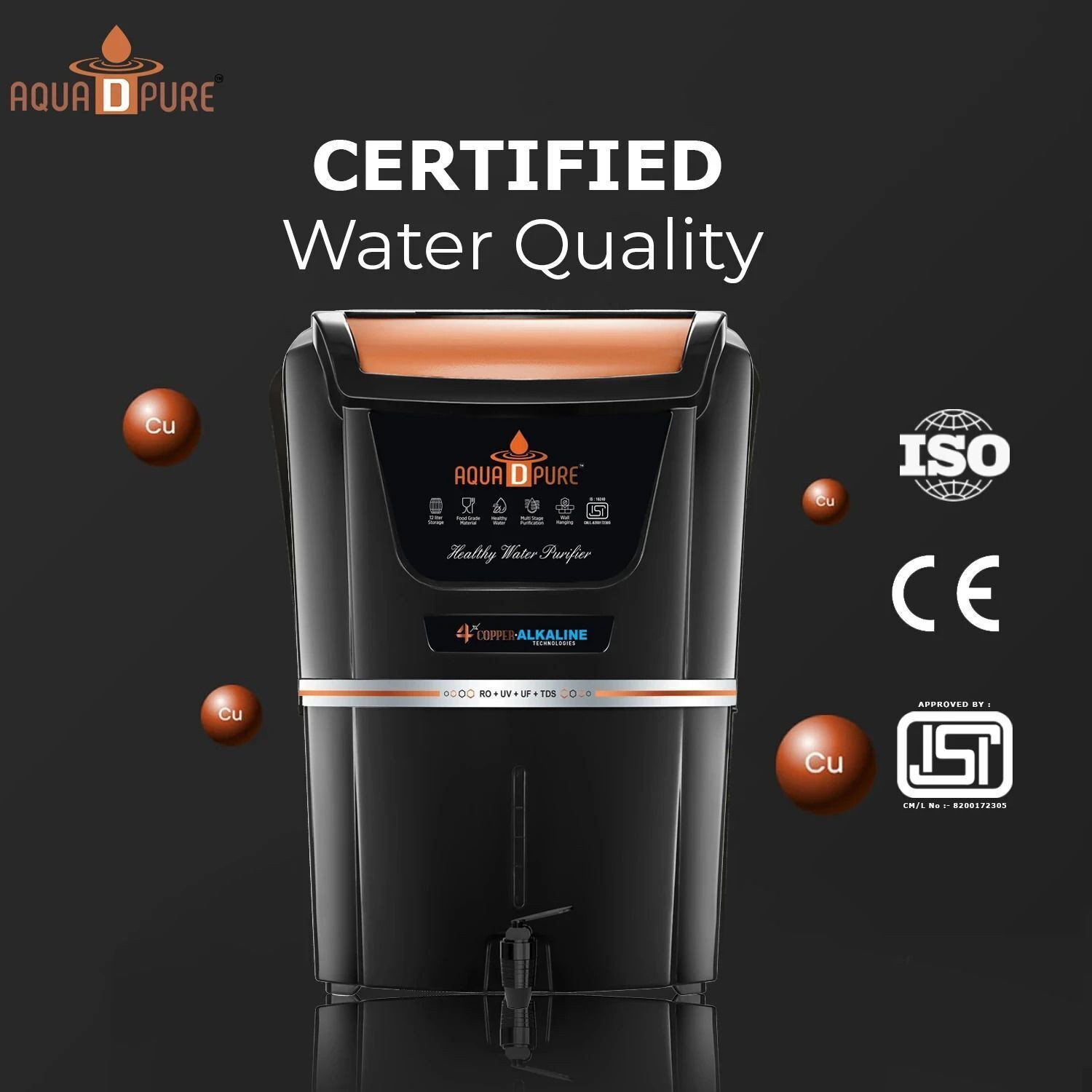 Image of AquaDpure 4x Copper Alkaline RO Water Purifier Multi-Stage Purification with 12 L RO + UV + UF + Copper + Alkaline + TDS Control Water Purifier (Black)
