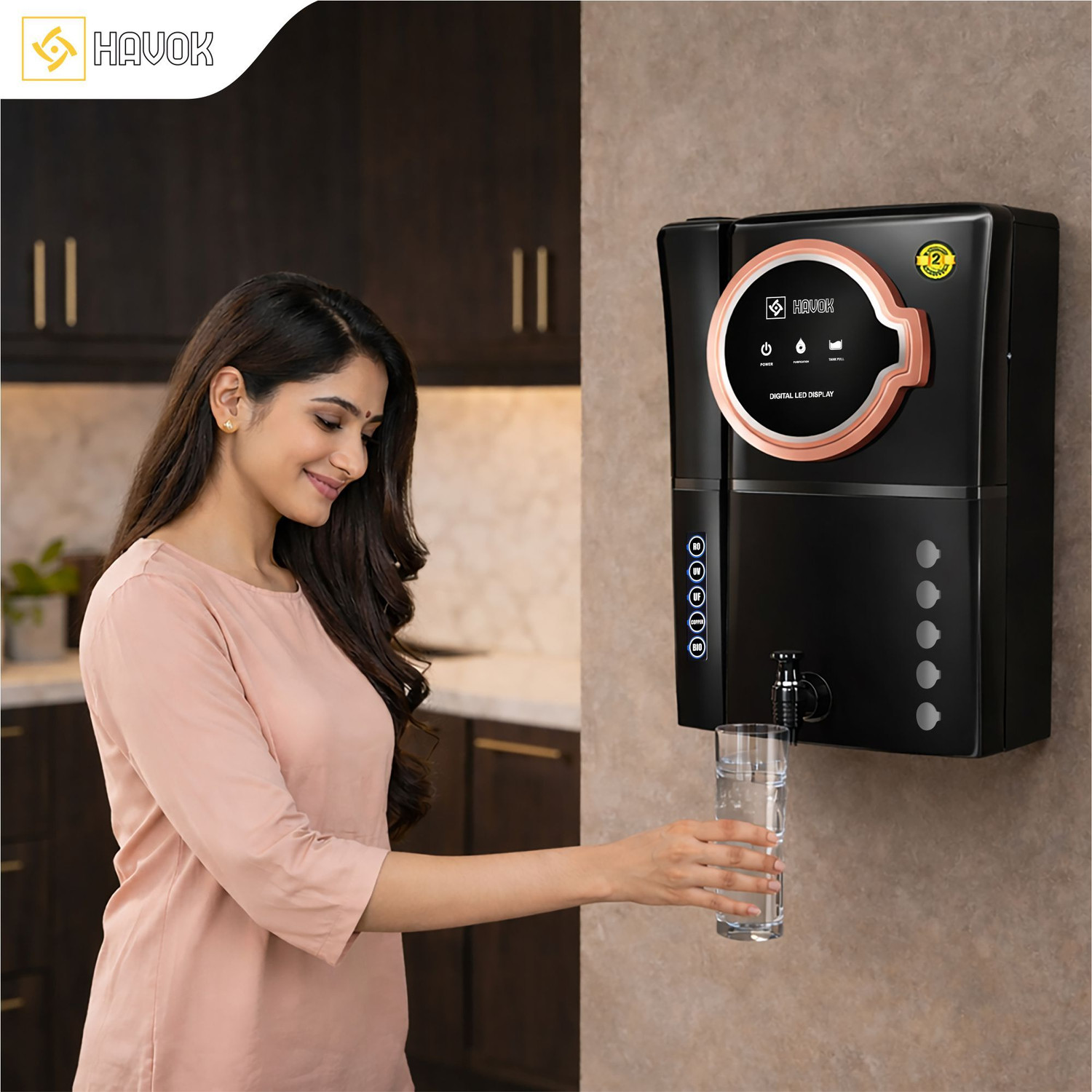 Image of Havok Elite Round Display BIS Certified 2 Year Unconditional Warranty Black 18 L RO + UV + UF + Copper + Minerals Water Purifier