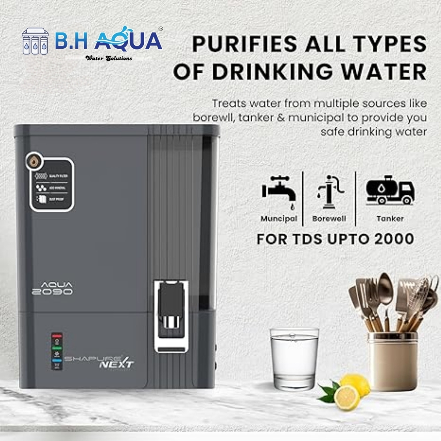 Image of b.h aqua water solutions B.H Aqua 2090 RO Water Purifier | Premium Grey 7 Stages Nxt Gen Technology 10L 20 L RO + UV + UF + Copper + Alkaline + Minerals Water Purifier