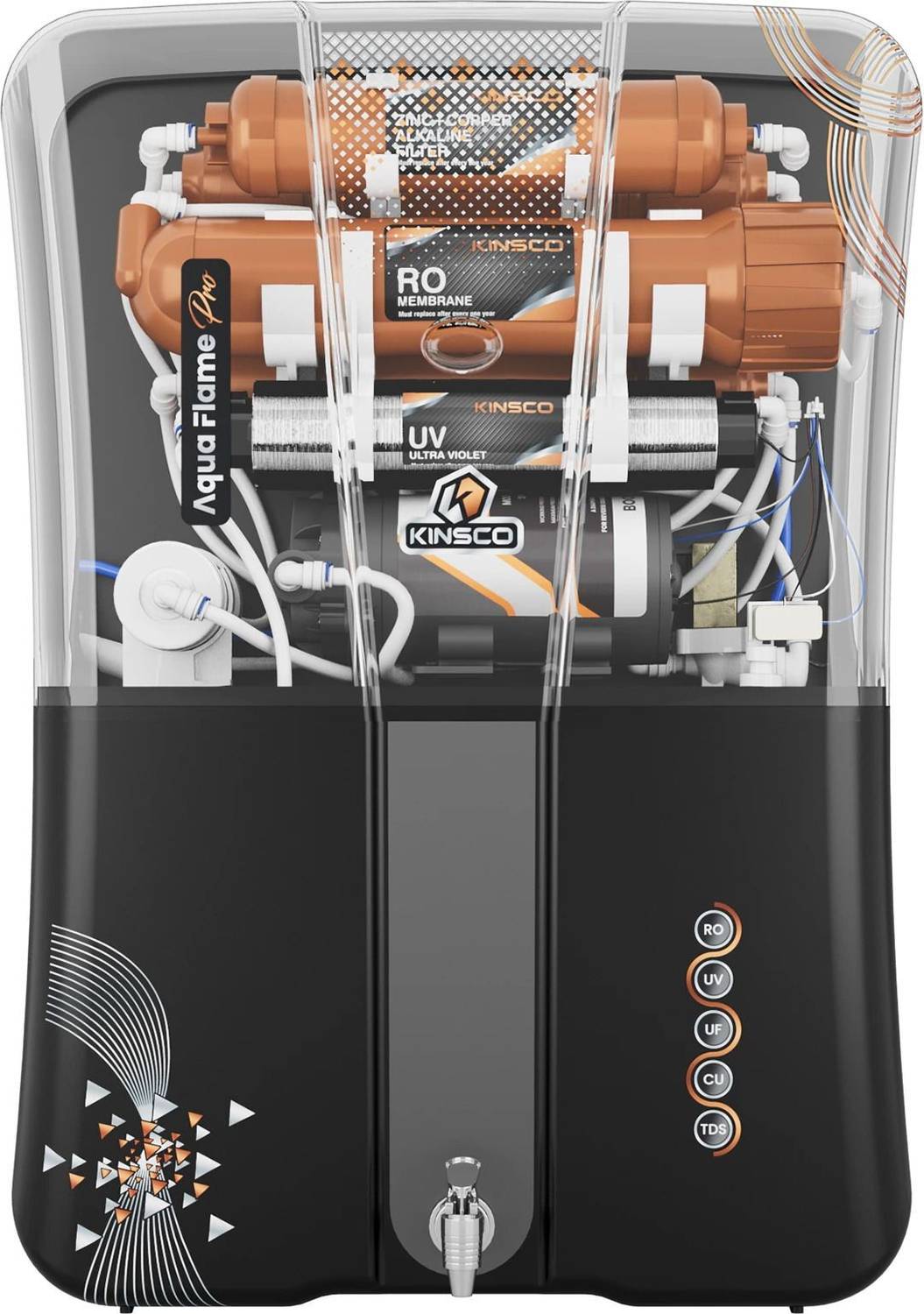 Kinsco Aqua Flame Pro ISI Mark with Zinc Copper and Alkaline Tds Adjuster 15 L RO + UV + UF + Copper + Alkaline Water Purifier