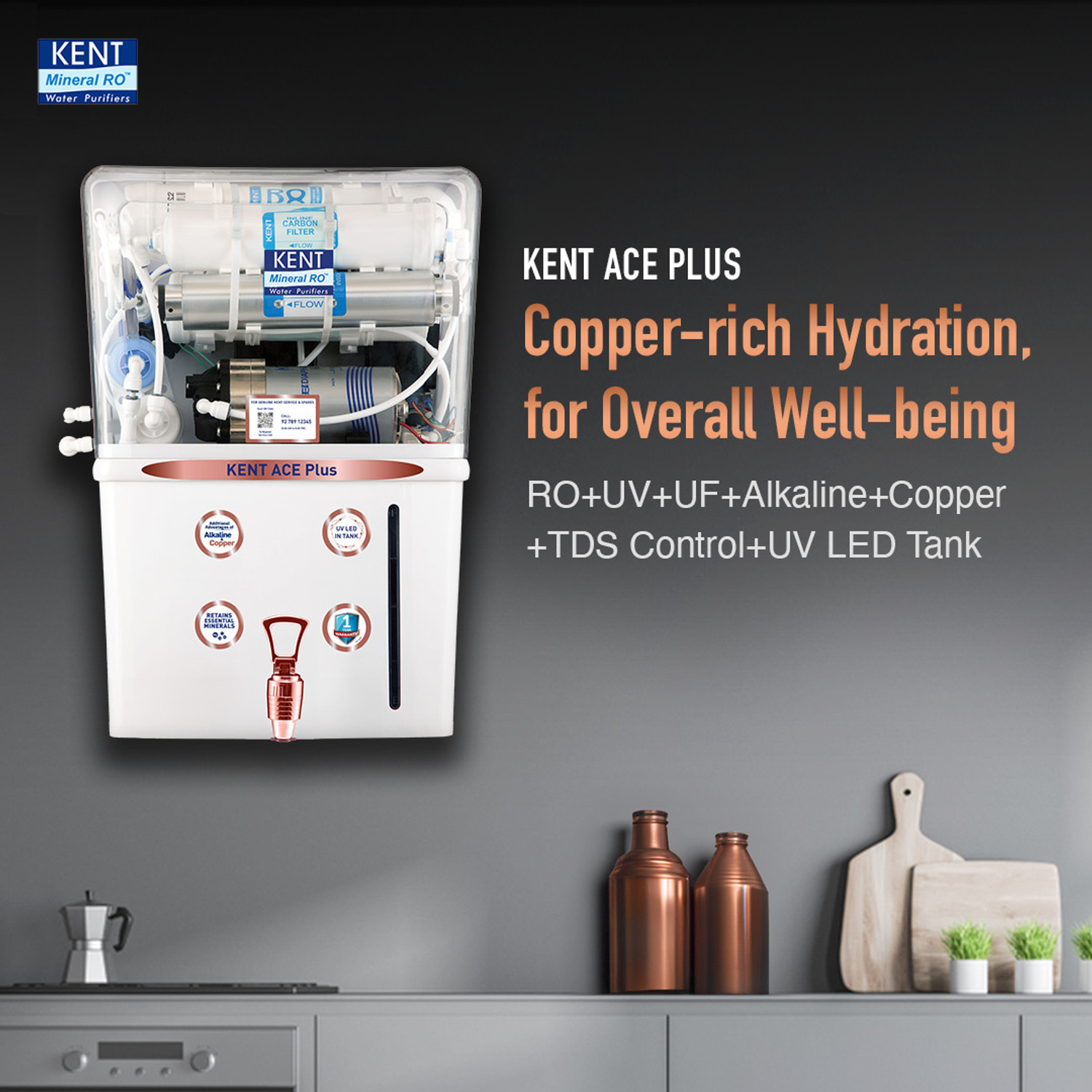 Image of KENT Ace Plus Alkaline+Copper 8 L RO + UV + UF + Copper + Alkaline + TDS Control Water Purifier Advanced ROTech for Sabse Shudh Paani Auto Flush 8L 20LPH Ideal for Borewell /Tanker /Municipal Water