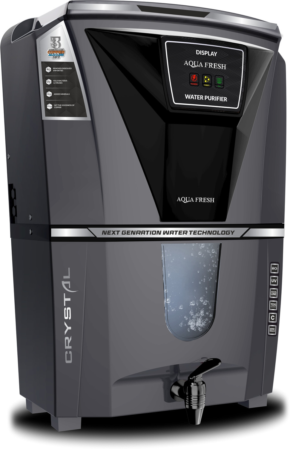 Image of Aqua Fresh CRYSTAL BLK COPPER+RO+UV+UF+MIN+TDS AUTOMATIC ELECTRICAL BOREWELL WATER PURIFIER 12 L RO + UV + UF + Minerals + TDS Control Water Purifier