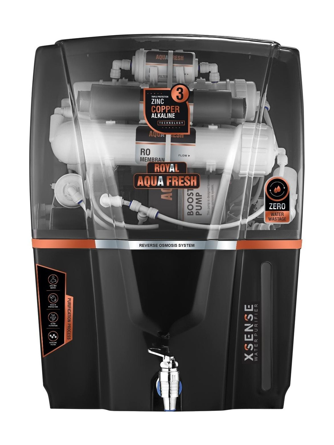 Image of Royal Aquafresh XSENSE GLORY BLACK NO WASTAGE WATER(80% PURE WATER) 12 L RO + UV + UF + Copper + Alkaline + TDS Control Water Purifier