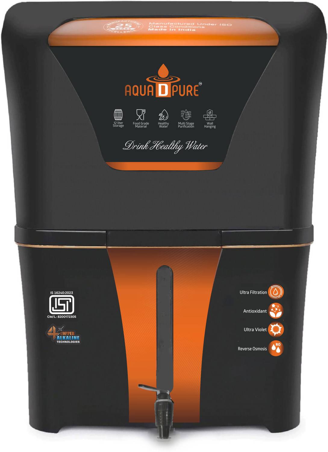 AquaDpure RO Water Purifier Alkaline with Pre Filter & Aqua Copper 12 L RO + UV + UF + Copper + TDS Control Water Purifier