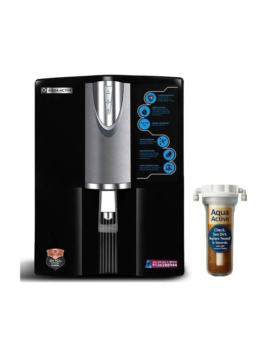 AquaActive WaterSaverROUVPHCUZN 10 L RO + UV + Minerals Water Purifier
