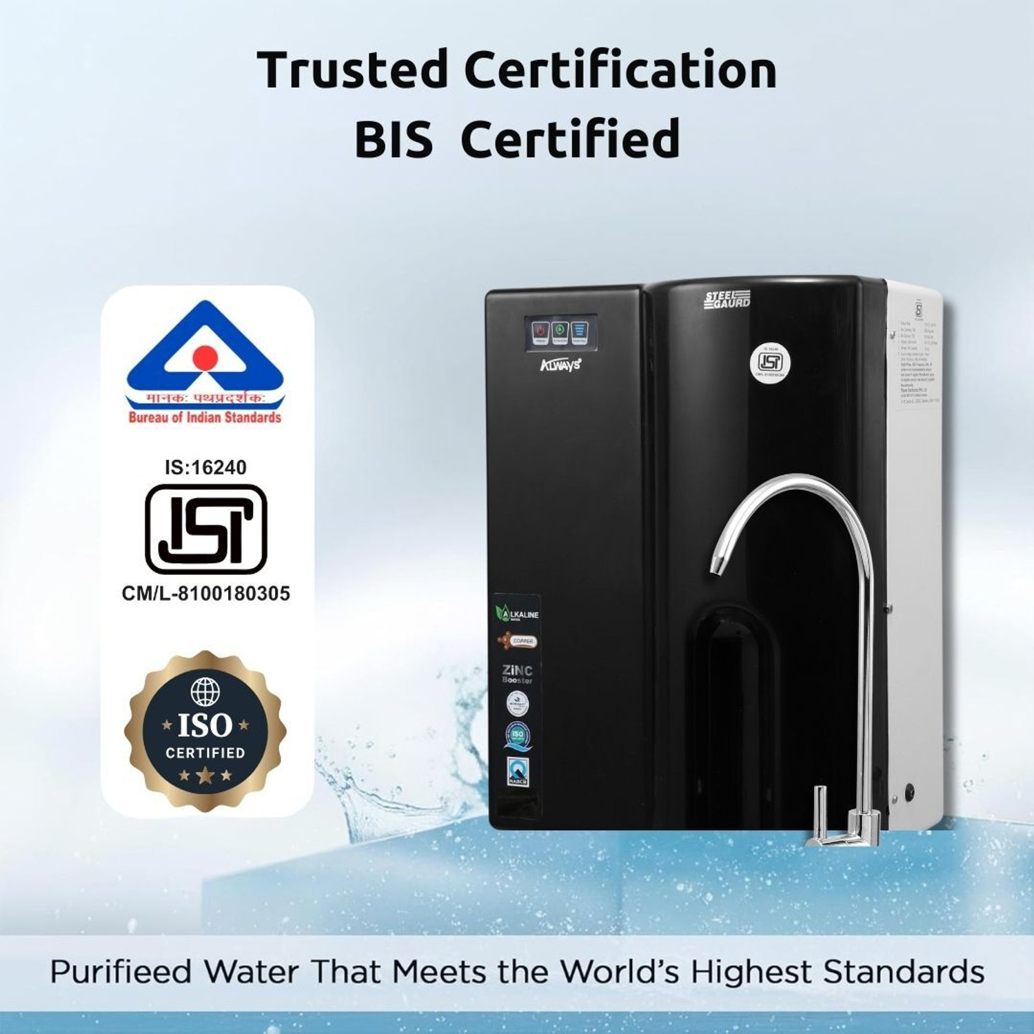 Image of Always UTC UNDER SINK ISI MARK WITH INBUILT PRESSURE TANK /WITH PRE FILTER- /LED /FAUCET 5 L RO + UV + Copper + Alkaline + Minerals Water Purifier