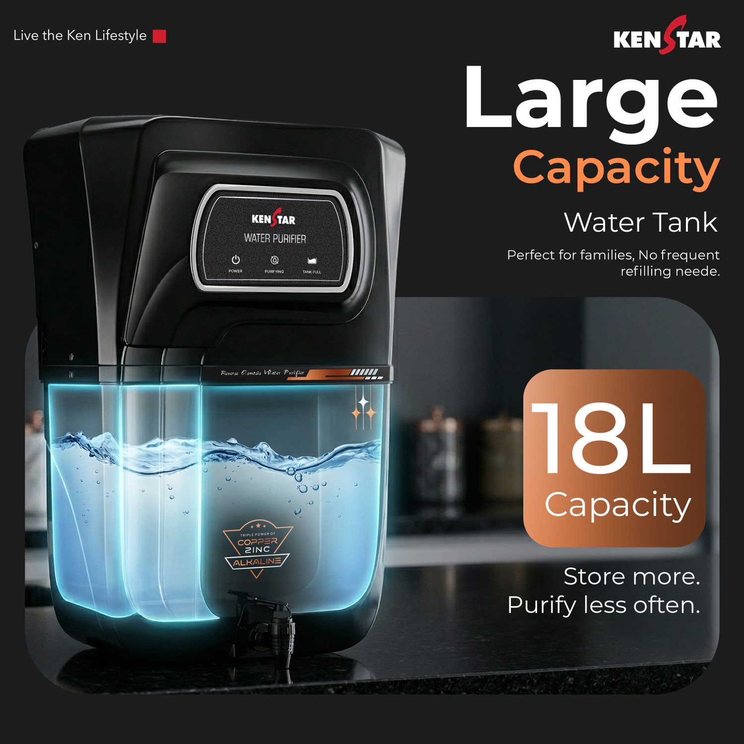 Image of Kenstar Veda Pro 18 L RO + UV + UF + Copper + Alkaline + TDS Control Water Purifier