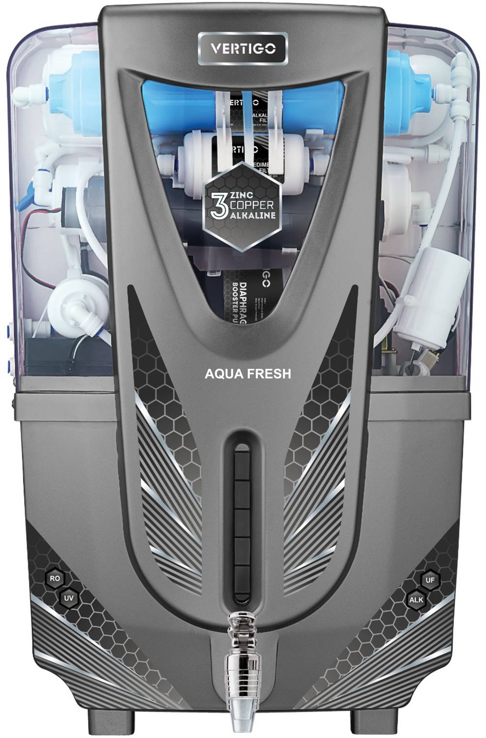Aqua Fresh Glam Edition (VERTIGO) Dark Grey India 1st BIS (IS 16240 :2023) CM/L8100159306 8 L RO + UV + Copper + Alkaline + Minerals Water Purifier