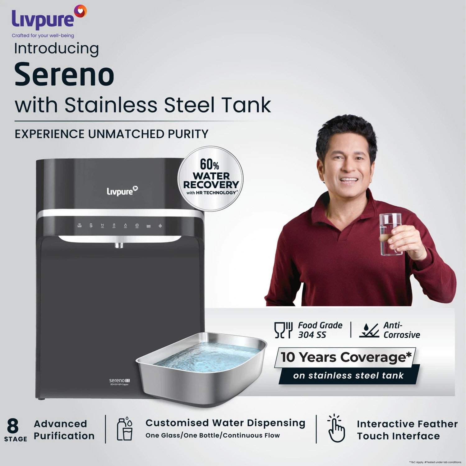 Image of LIVPURE Sereno-SS Water Purifier | RO+UV+UF+Copper+Mineral | 2.5 Year No Service 5.5 L RO + UV + UF + Copper + Minerals Water Purifier