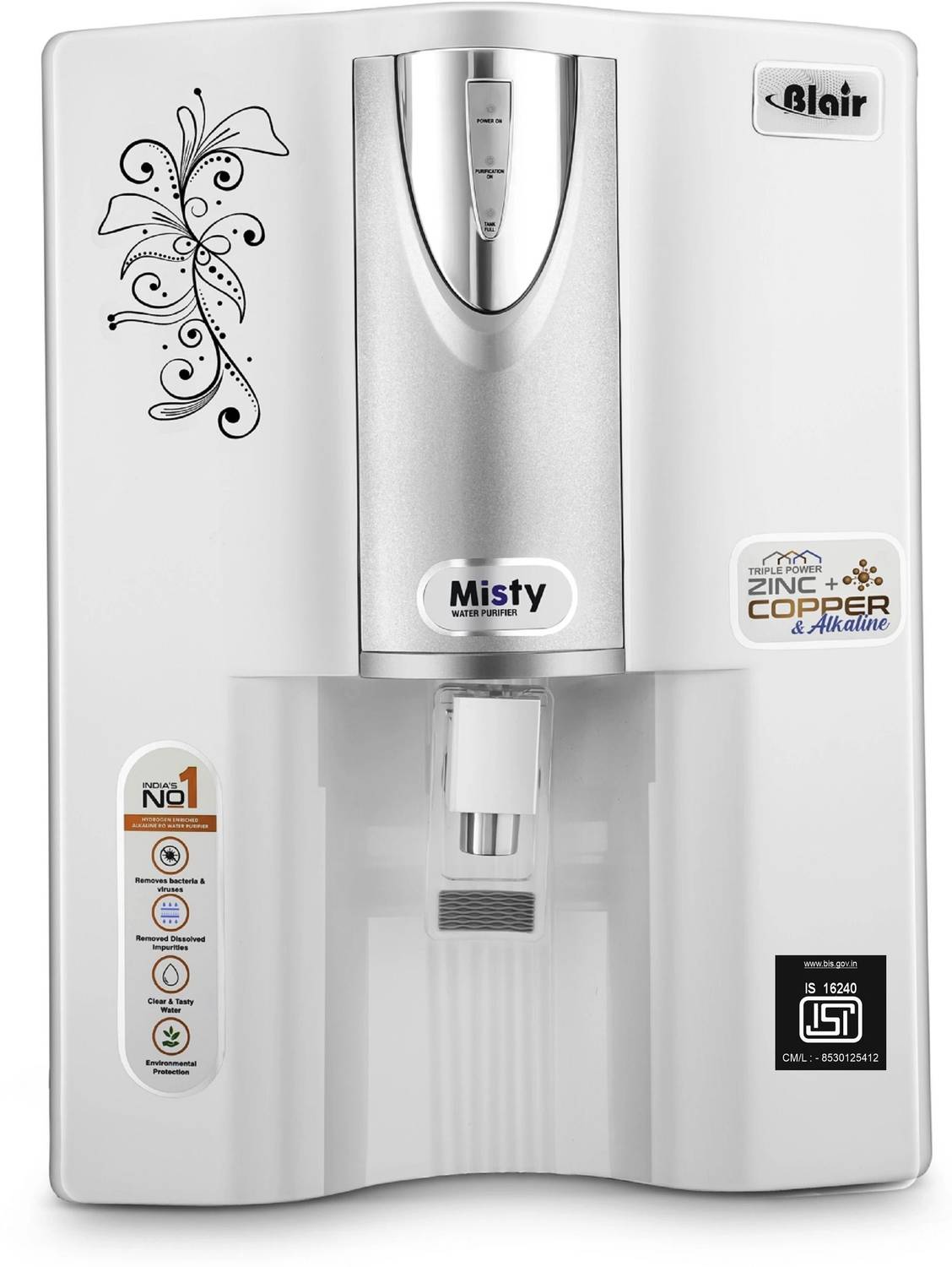 Blair MISTY BIS APPROVED ( IS 16240 ) 15 L RO + UV + TDS Control Water Purifier
