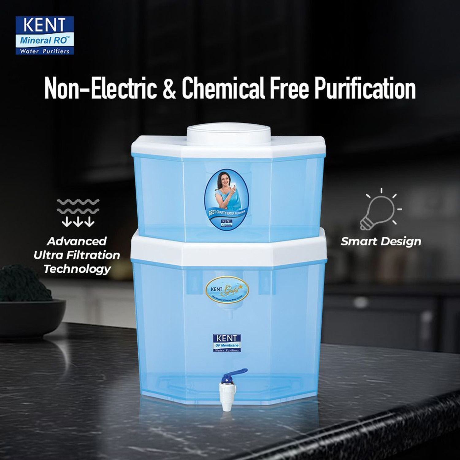 Image of KENT GOLD STAR 22 L Gravity Based + UF Water Purifier Water Purifier | UF Technology Based | Non-Electric & Chemical Free Purification Process | Counter Top | 22L Storage Tank | Suitable for Low TDS Water Upto 150 |