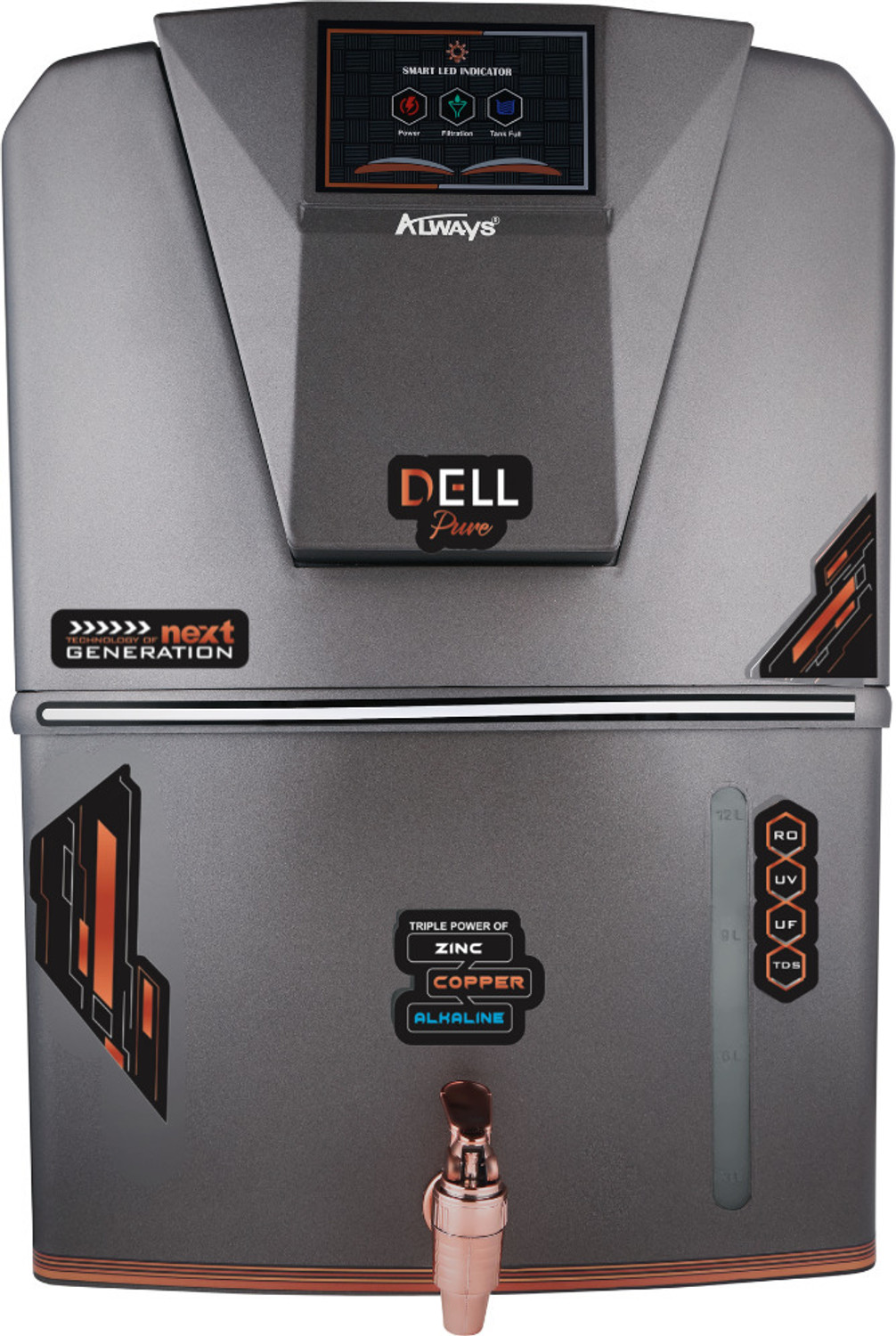 Image of Always Dellpure Metallic with LED display and Pre filter 10 stage 12 L RO + In-Tank UV + UF + Copper + Alkaline + Minerals + TDS Control Water Purifier