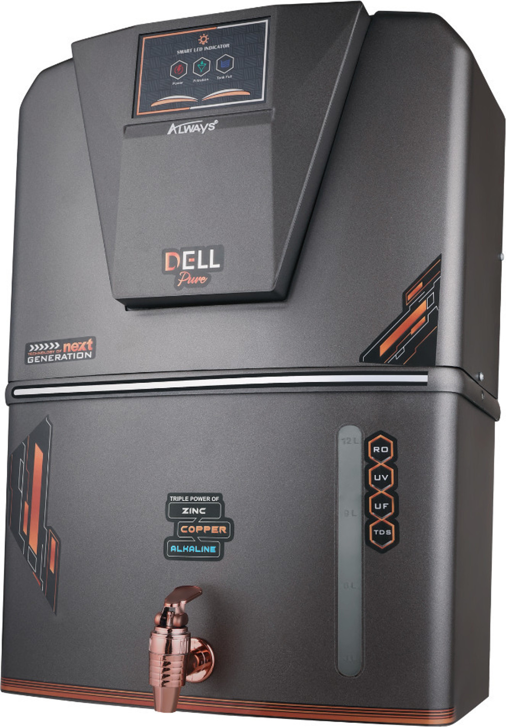 Image of Always Dellpure Metallic with LED display and Pre filter 10 stage 12 L RO + In-Tank UV + UF + Copper + Alkaline + Minerals + TDS Control Water Purifier