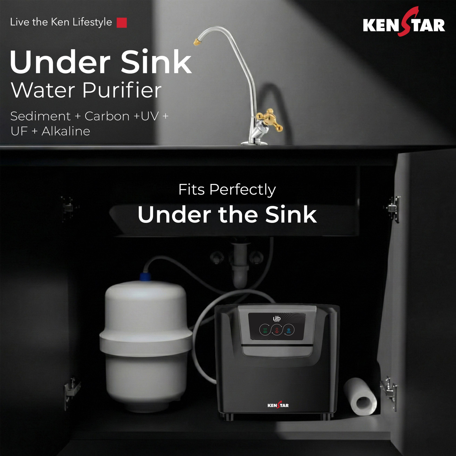 Image of Kenstar Sink Pure 8 L RO + UV + UF + Alkaline + Minerals Water Purifier 6-Stages of Purification Smart LED Display Under the Sink placement Complimentary Faucet Suitable for all - Borewell, Tanker, Municipality Water