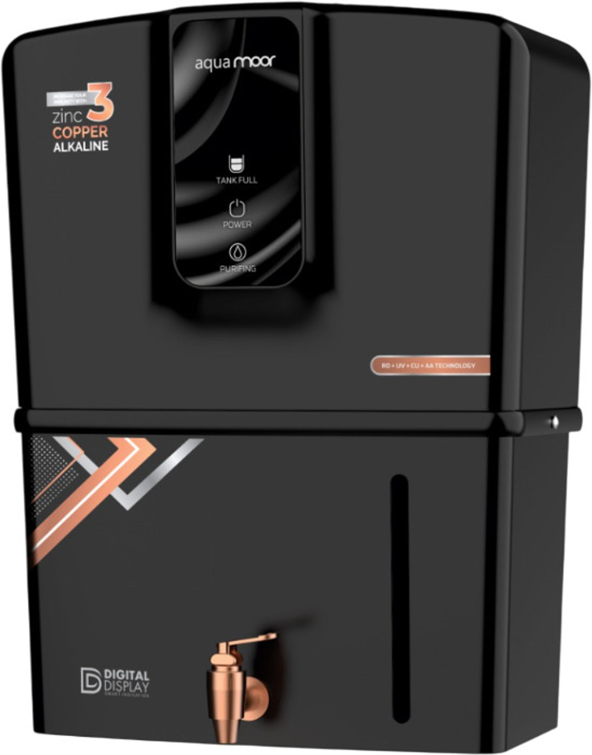 Image of b.h aqua water solutions B.H Aqua Moor RO Water Purifier | Black+Copper-502 | 3 In 1 Technology | 12 L RO + UV + UF + Copper + Alkaline + Copper + Zinc Water Purifier