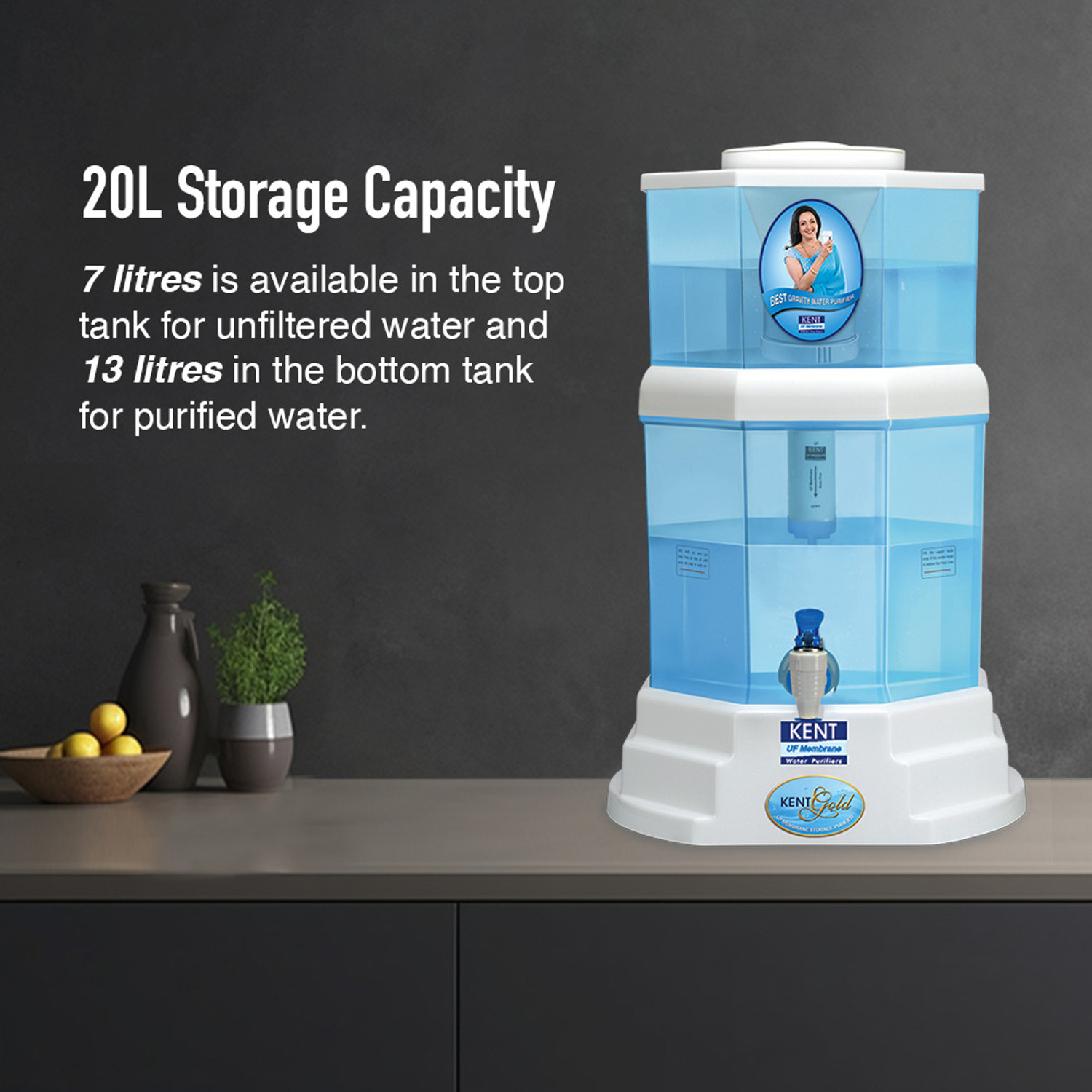 Image of KENT Gold 20 L Gravity Based + UF Water Purifier Water Purifier | UF Technology Based | Non-Electric & Chemical Free | Counter Top | 20L Storage |