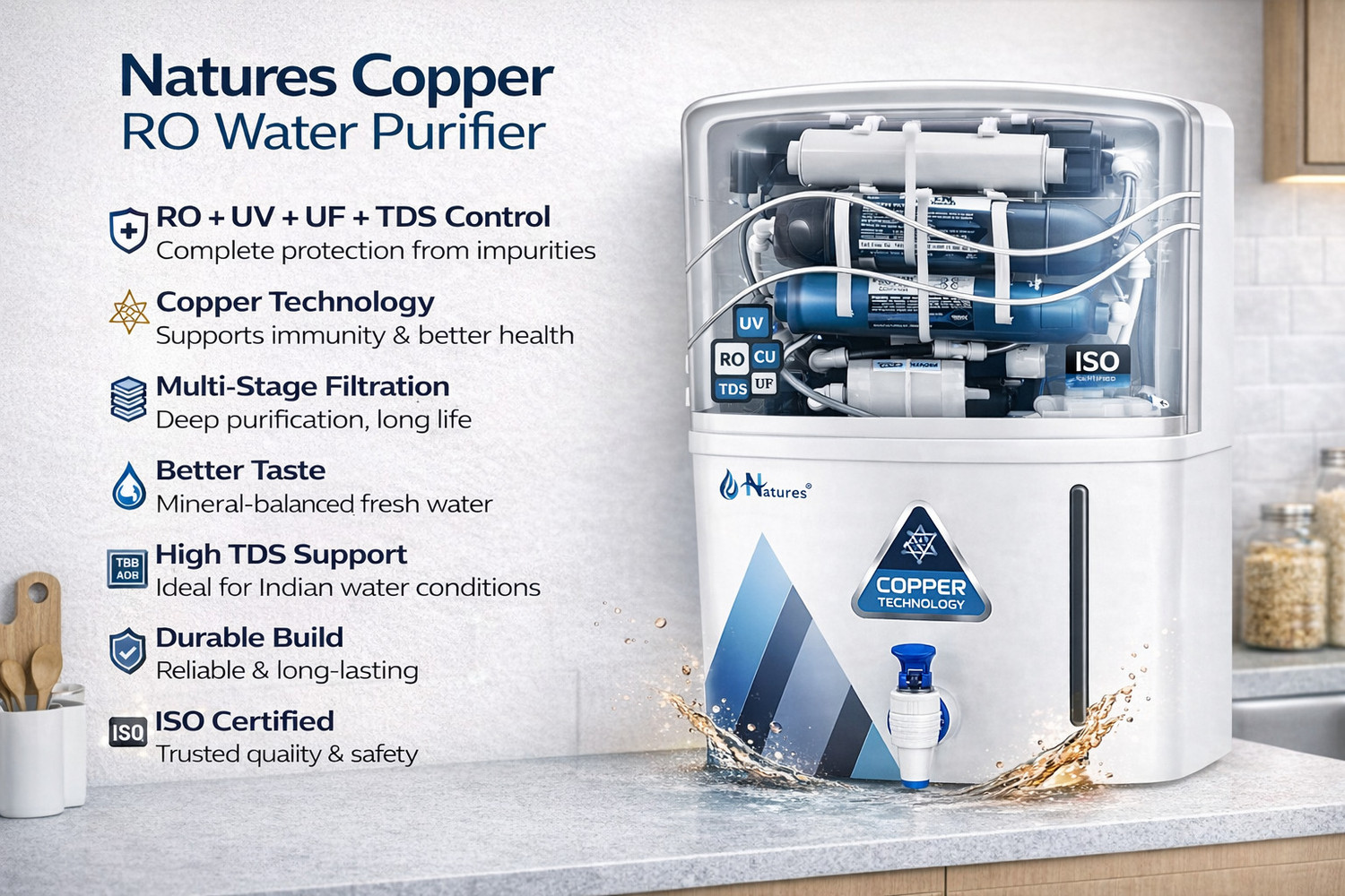 Image of Natures Aqua Copper RO water purifier Electric Water Purifier with Metallic Sheet 13 L RO + UV + UF + TDS Control Water Purifier