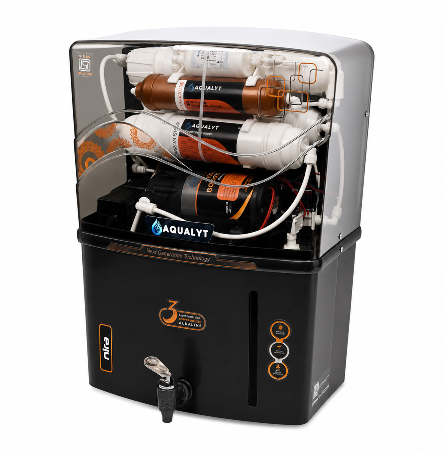 Image of AQUALYT Nira RO+UV+UF+TDS+Copper Alkaline Purifier for Tap, Municipal & Borewell Water 15 L RO + UV + UF + Copper + Alkaline + TDS Control Water Purifier (Black)