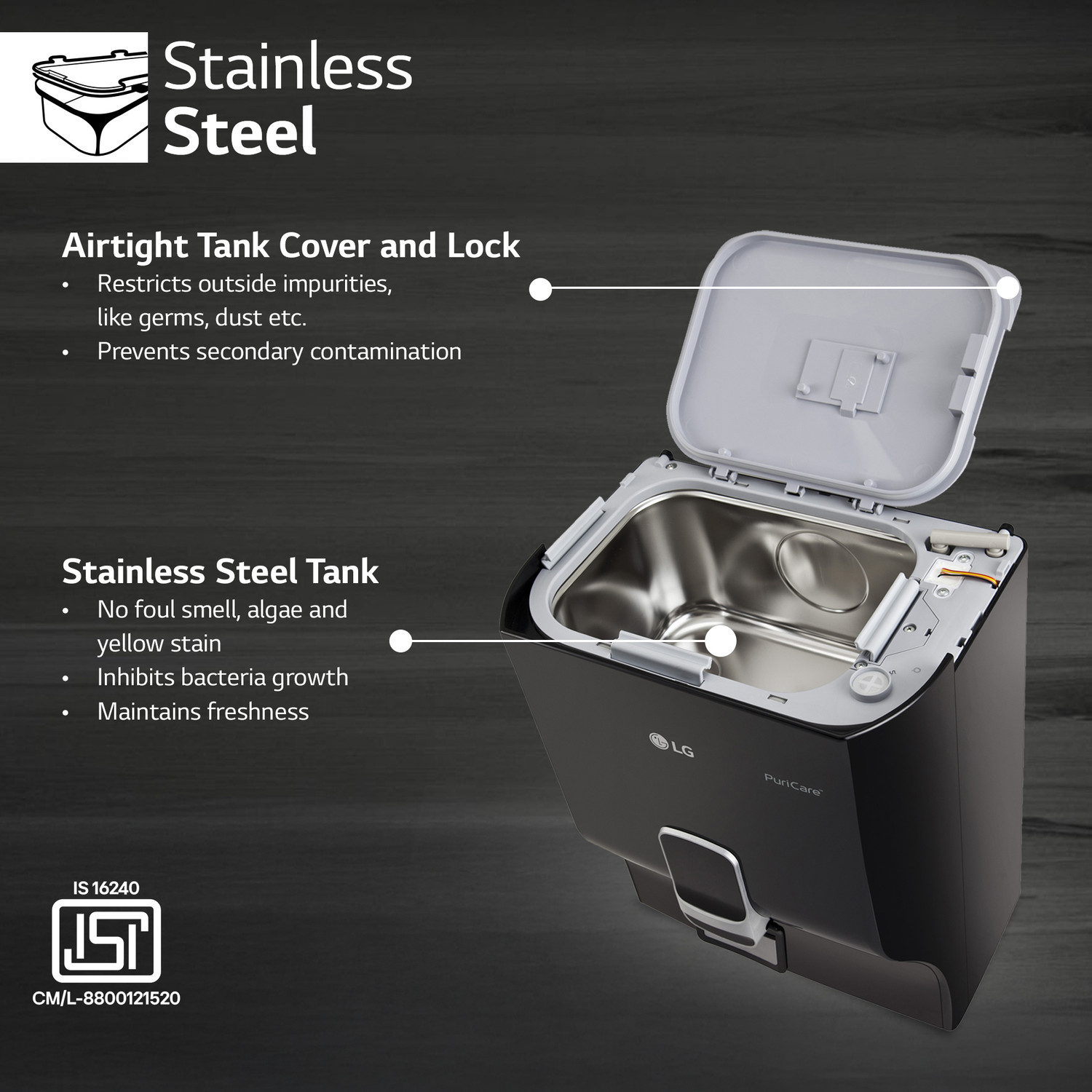 Image of LG WW132NF 8 L RO Water Purifier Dual Protection Airtight Stainless Steel Tank | Digital Sterilizing care | Wall Mount | Multi Stage Filtration Process | Suitable for all - Borewell, Tanker, Municipality Water