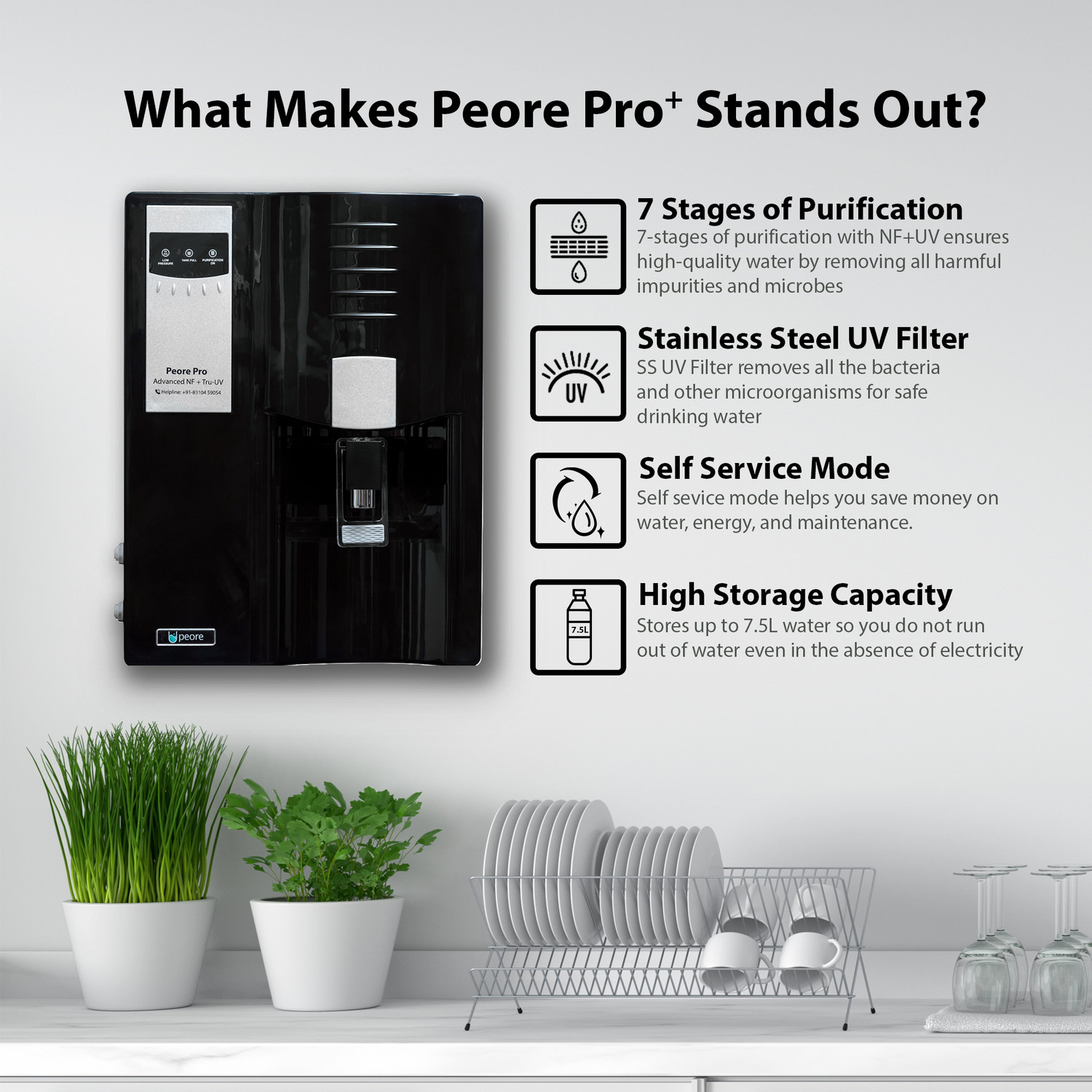 Image of Peore Pro Plus - 20 NF + Water Purifier | Self Service Mode 7.5 L UV Water Purifier (Black)