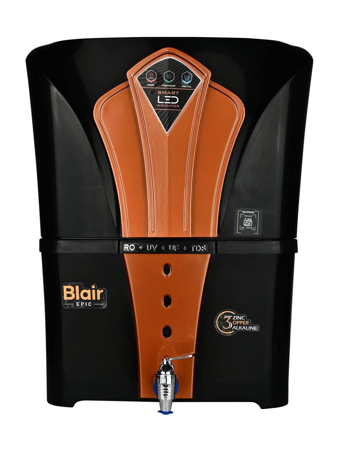 Blair EPIC HIGH TDS BIS APPROVED ( IS 16240 ) 12 L RO + In-Tank UV + UF + Copper + Alkaline + Minerals + TDS Control Water Purifier